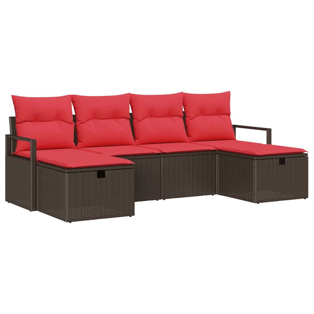 vidaXL Bankstel met kussen met opslag 6 pcs Bruin en Rood poly rattan