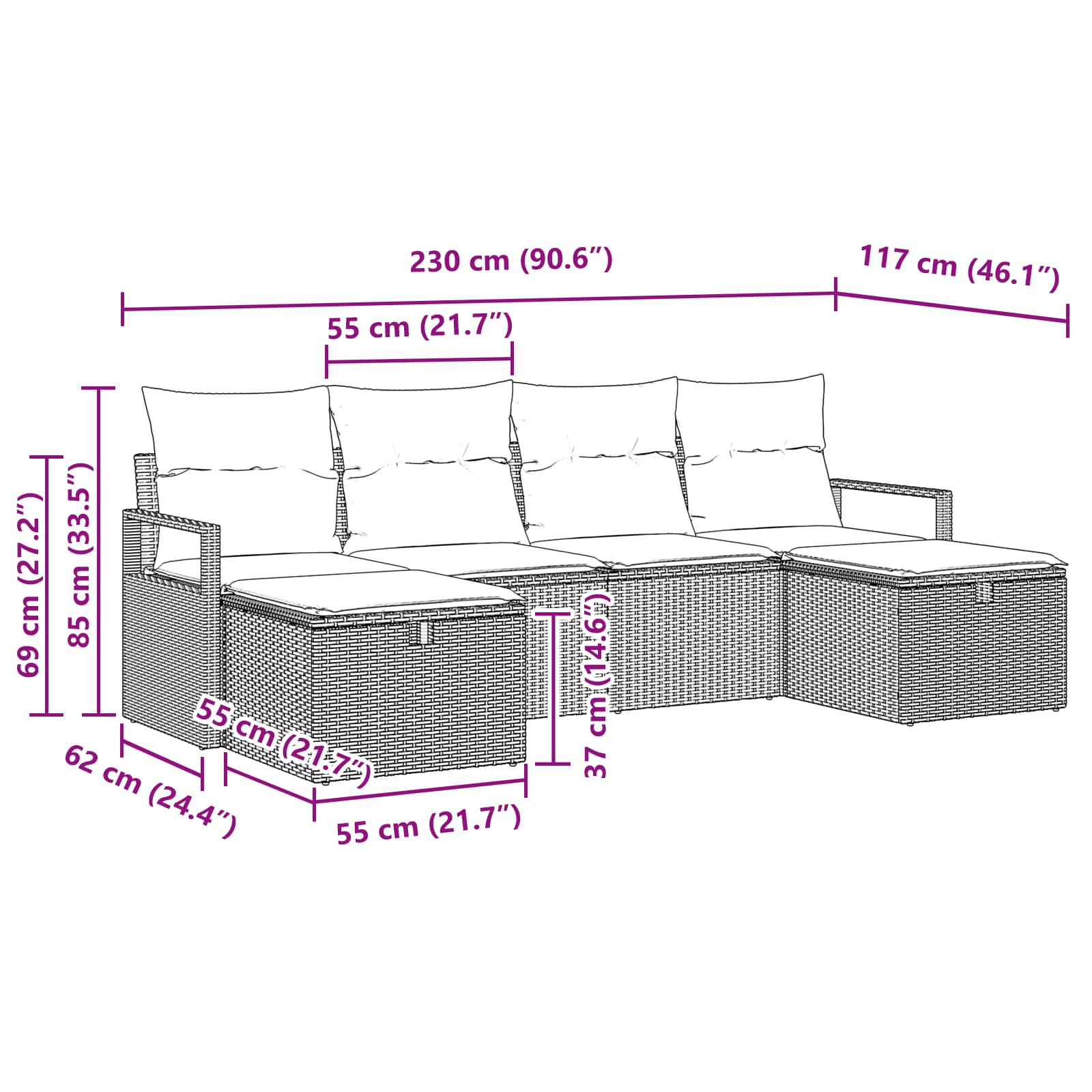 vidaXL Bankstel met kussen met opslag 6 pcs Bruin en Rood poly rattan