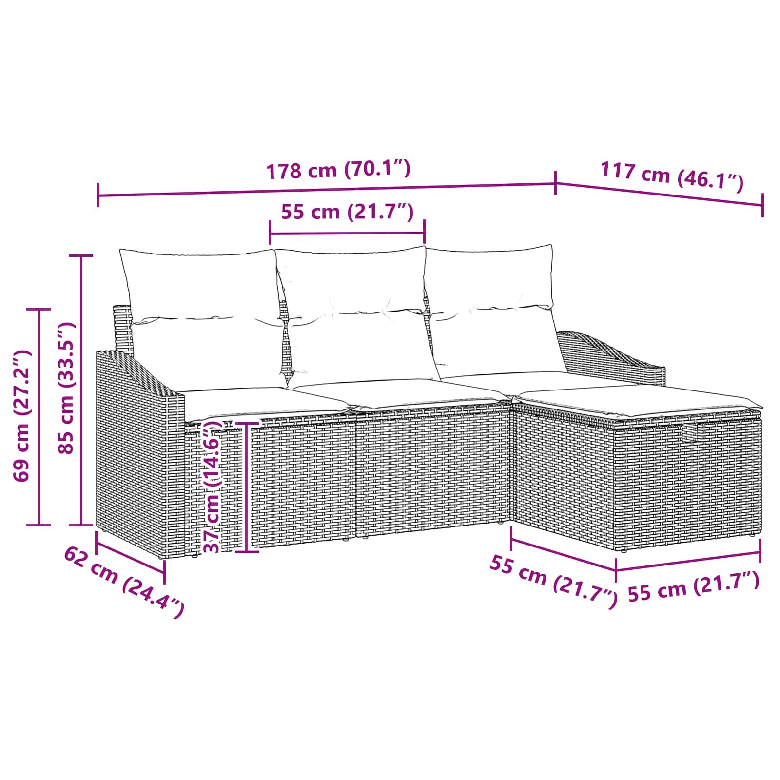 vidaXL Bankstel met kussen met opslag 4 pcs Zwart Poly riet