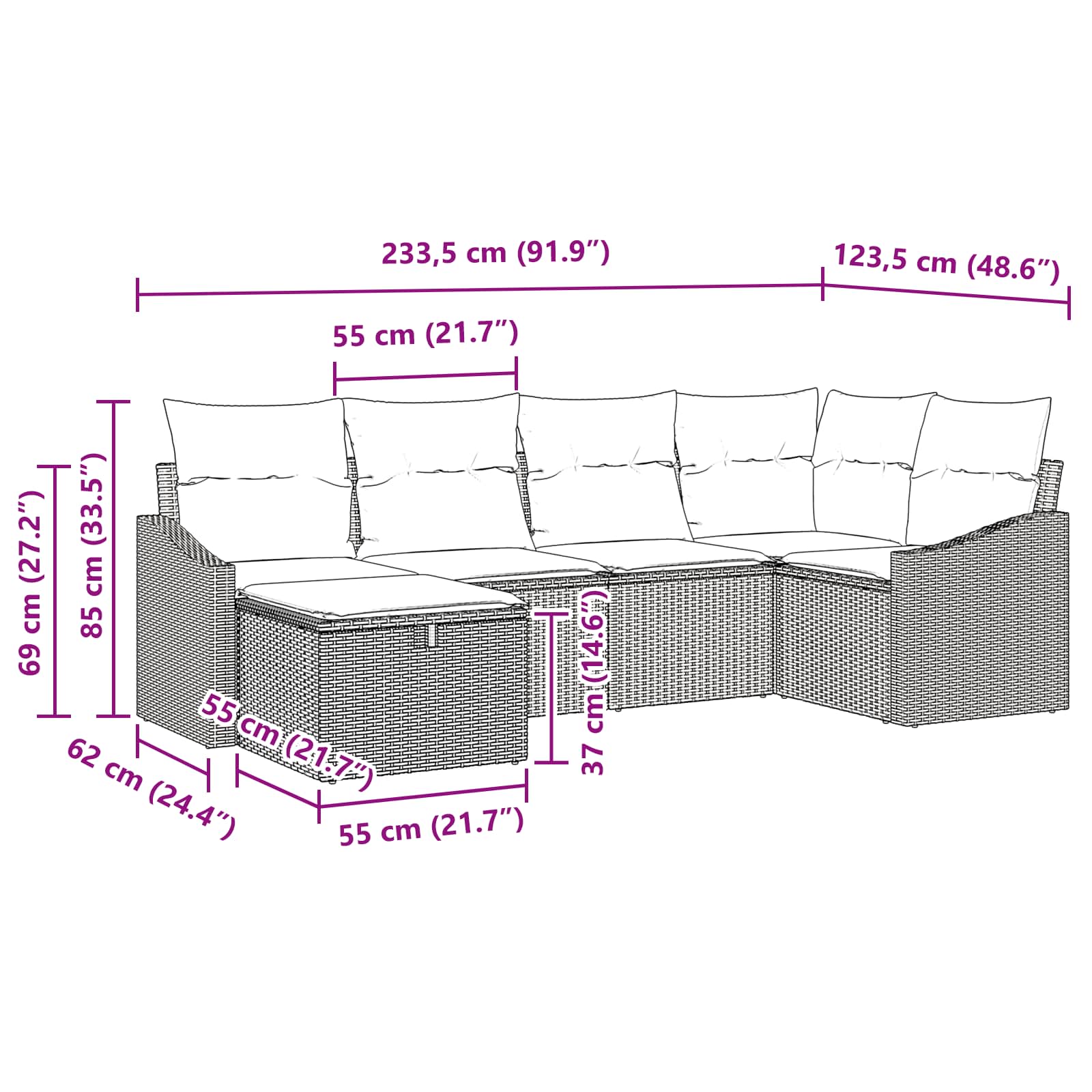 vidaXL Bankstel met kussen met opslag 6 pcs Zwart poly rattan