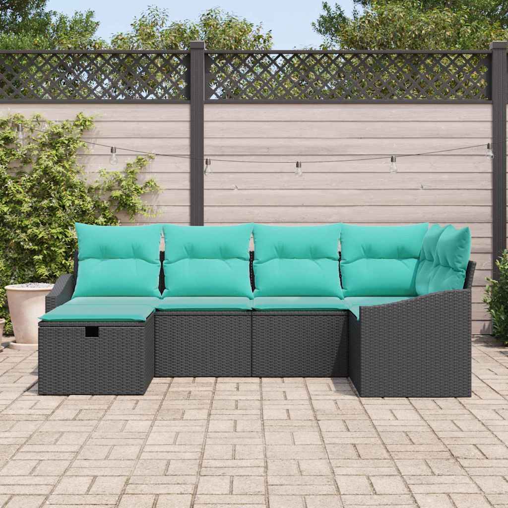 vidaXL Bankstel met kussen met opslag 6 pcs Zwart poly rattan