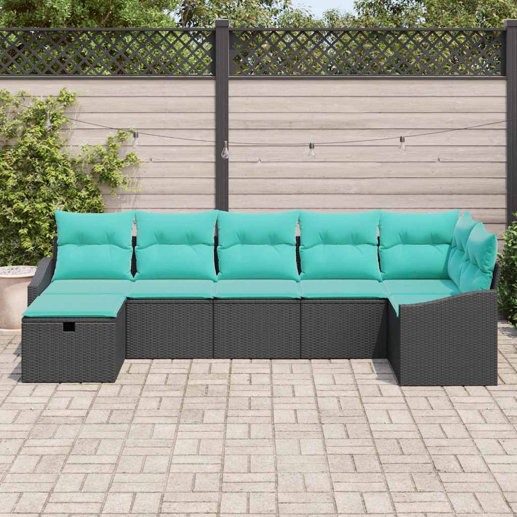 vidaXL Bankstel met kussen met opslag Zwart poly rattan