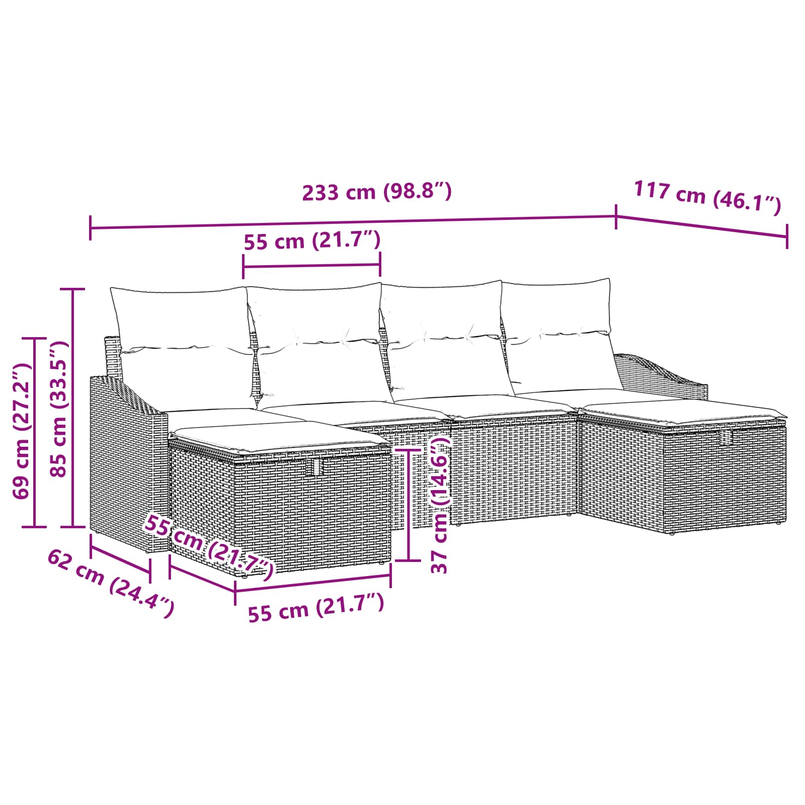 vidaXL Tuin Sofa Set met kussen 6 pcs Zwart Poly riet