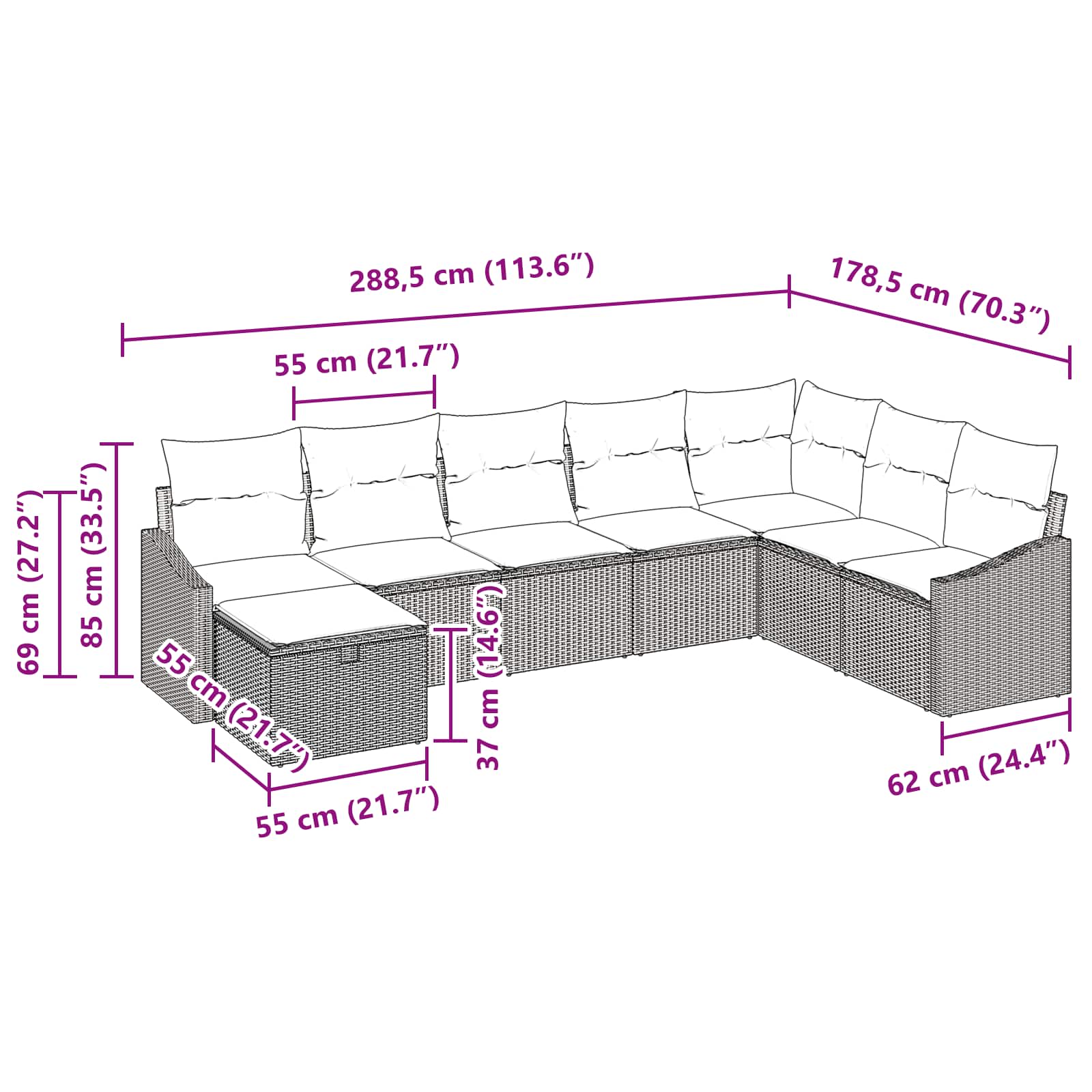 vidaXL Tuin Sofa Set met kussen 8 pcs Zwart Poly riet