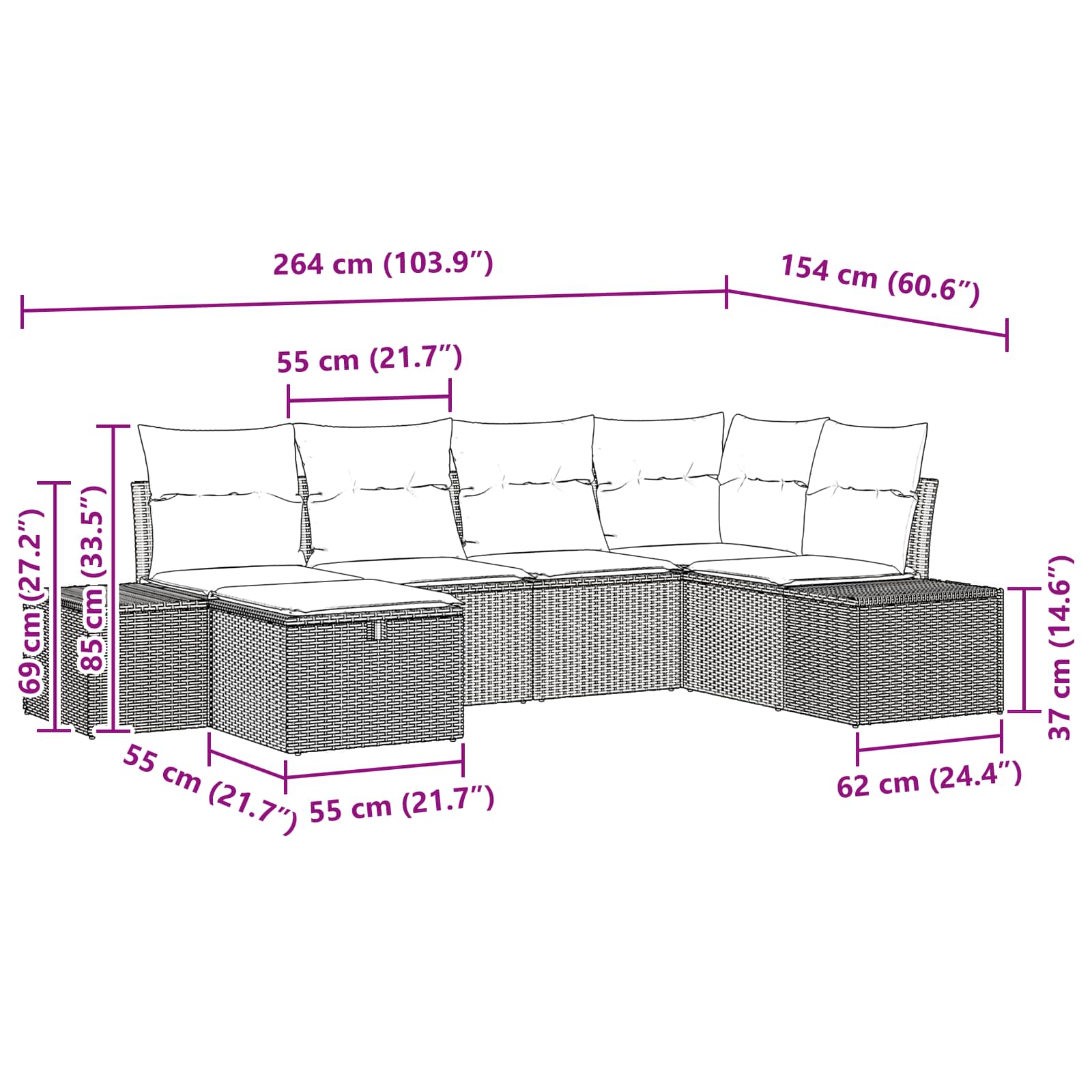 vidaXL Tuin Sofa Set met kussen 6 pcs Bruin poly rattan
