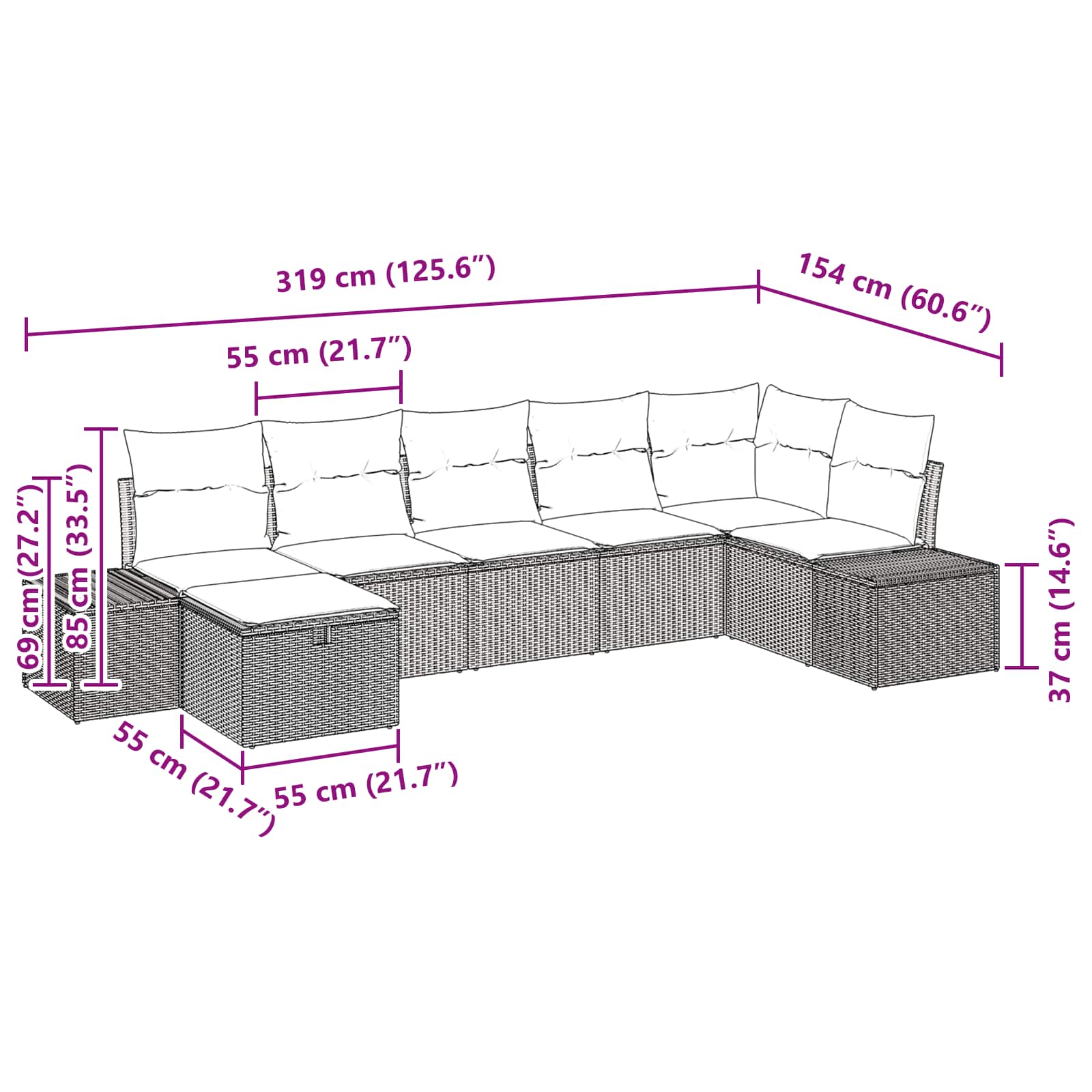 vidaXL Tuin Sofa Set met kussen 7 pcs Bruin poly rattan