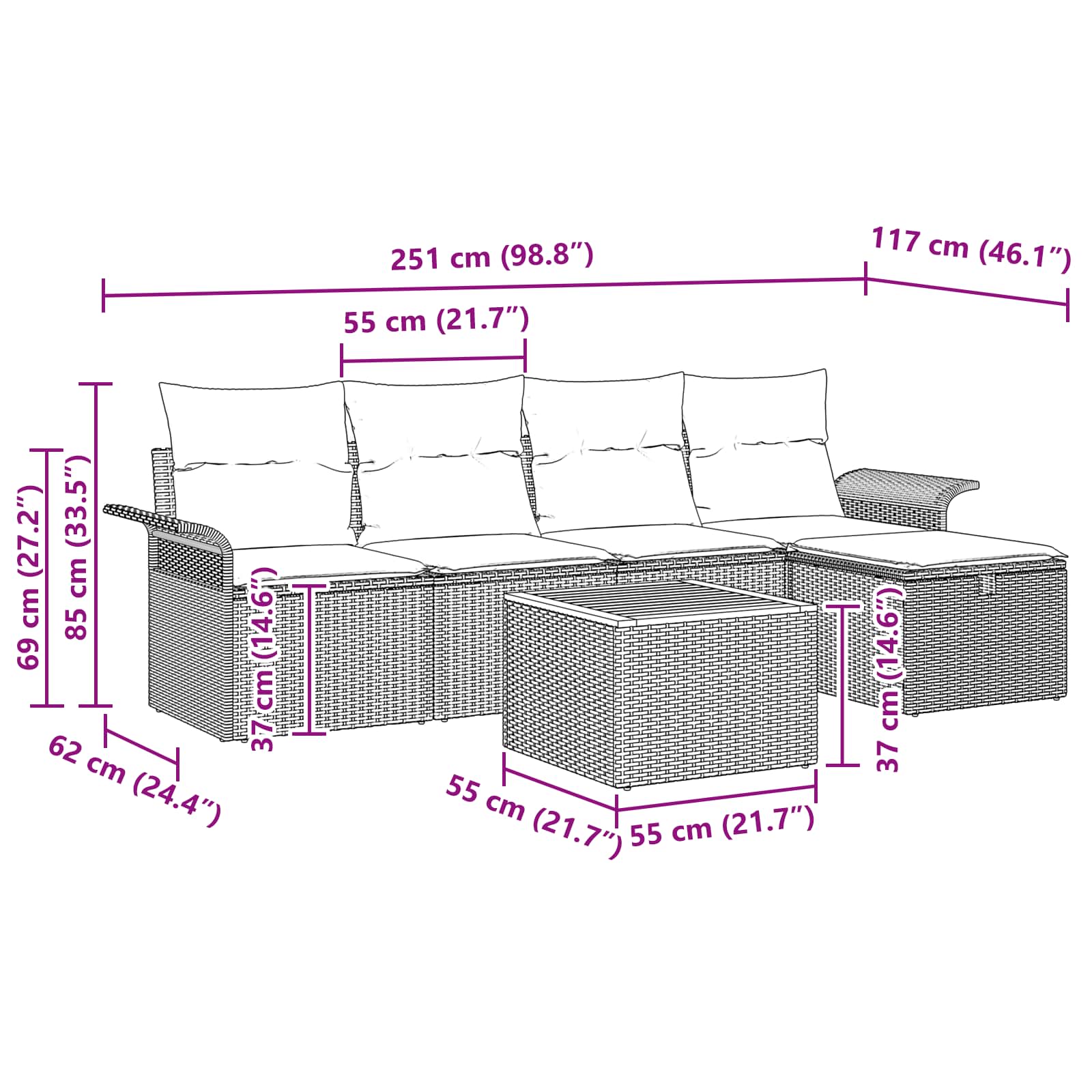 vidaXL Tuinbankenset met kussen met opslag 6 pcs Zwart poly rattan