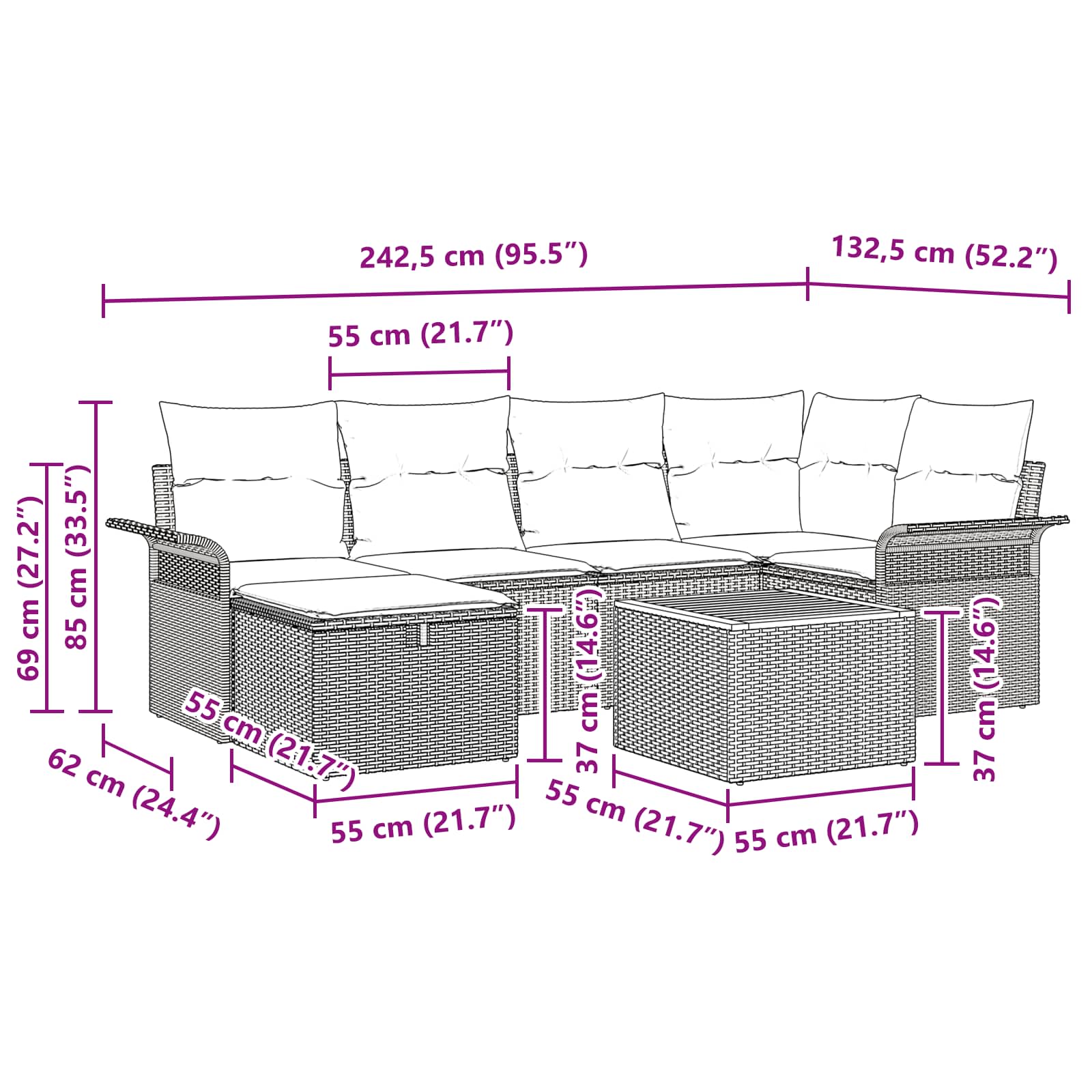 vidaXL Tuinbankenset met kussen met opslag 7 pcs Zwart poly rattan