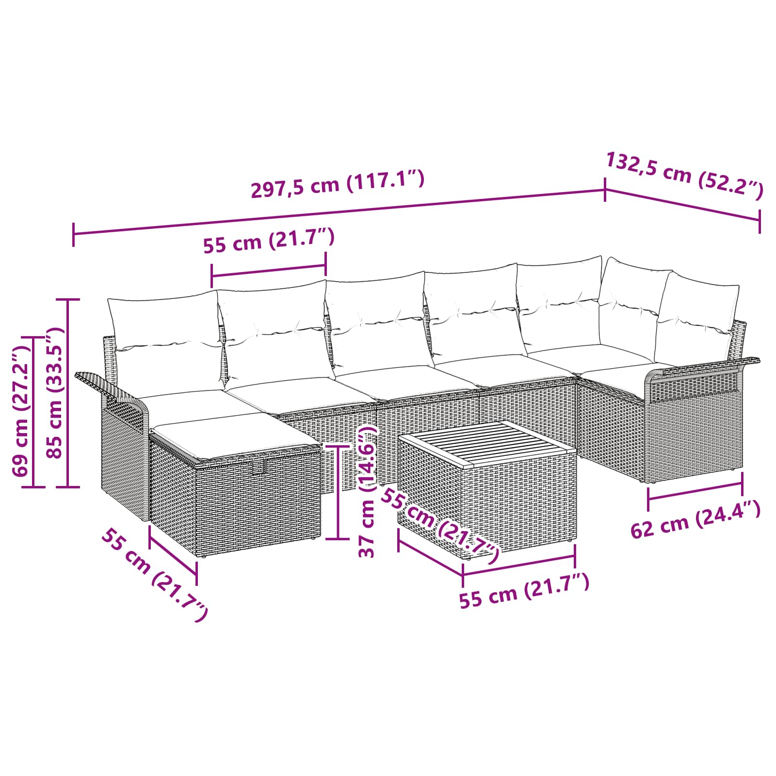 vidaXL Tuinbankenset met kussen met opslag 8 pcs Zwart poly rattan