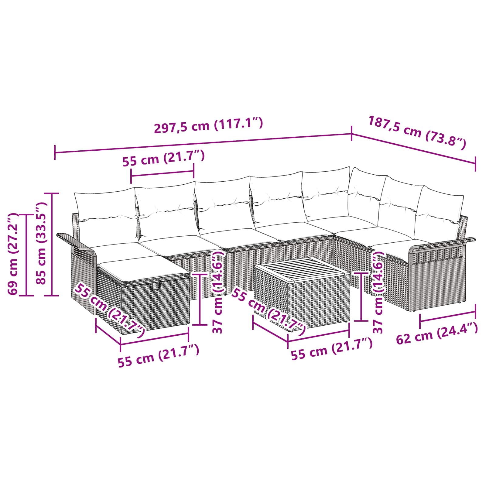 vidaXL Tuinbankenset met kussen met opslag 9 pcs Zwart poly rattan