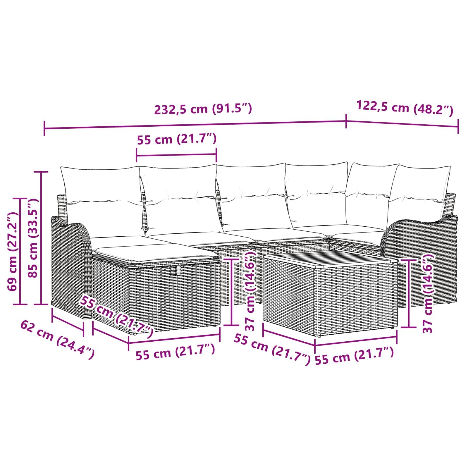 vidaXL Tuinbankenset 7 st Grijs poly rattan