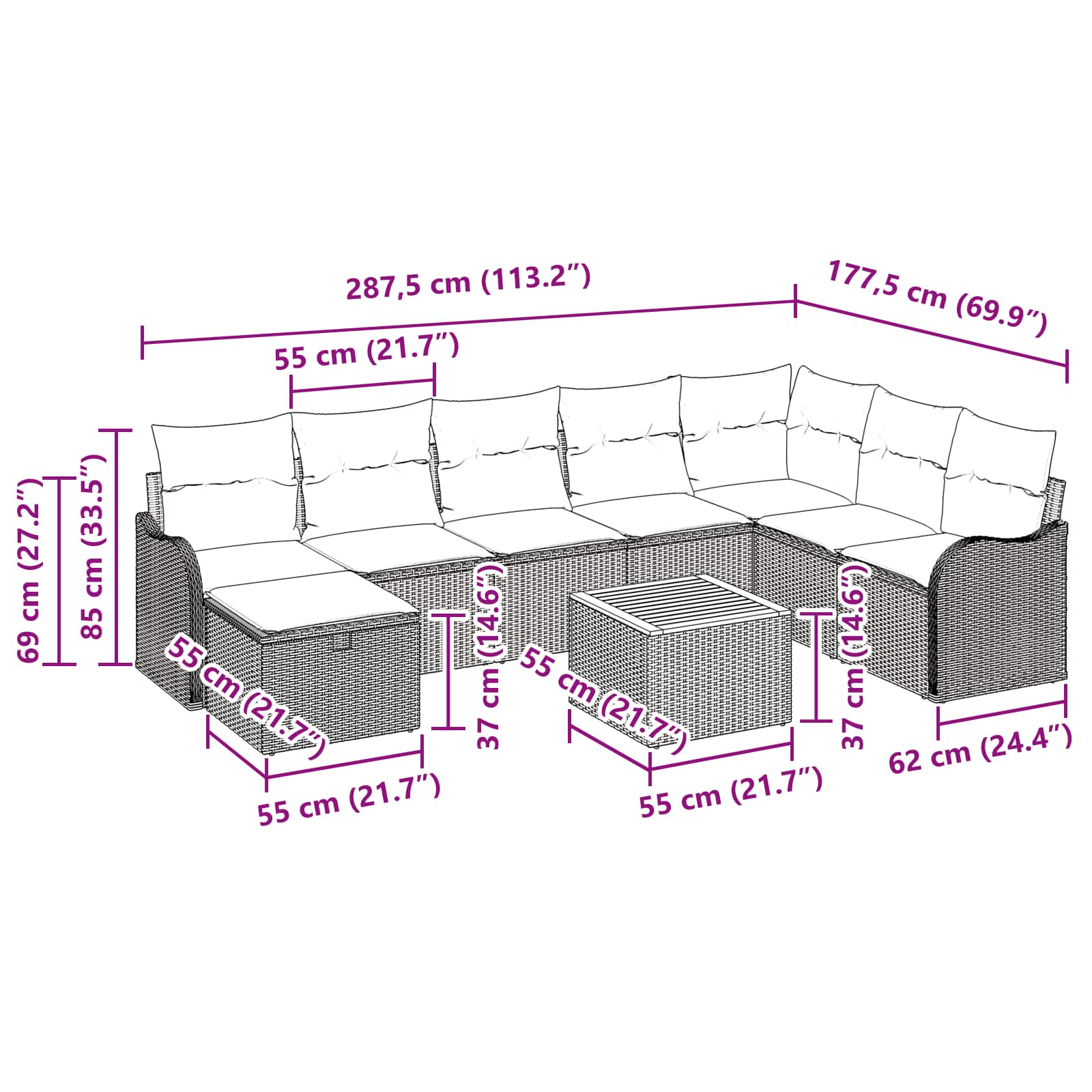 vidaXL Tuinbankenset 9 st Grijs poly rattan