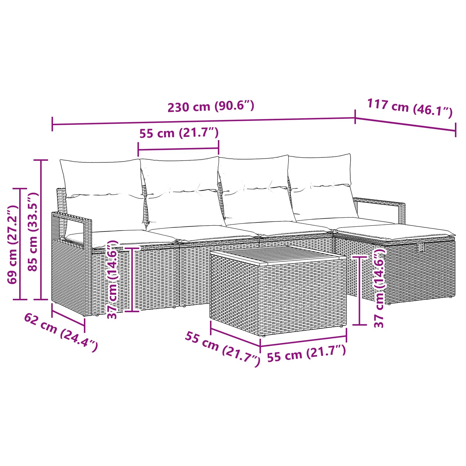 vidaXL Tuinbankenset met kussen met opslag 6 pcs Grijs poly rattan
