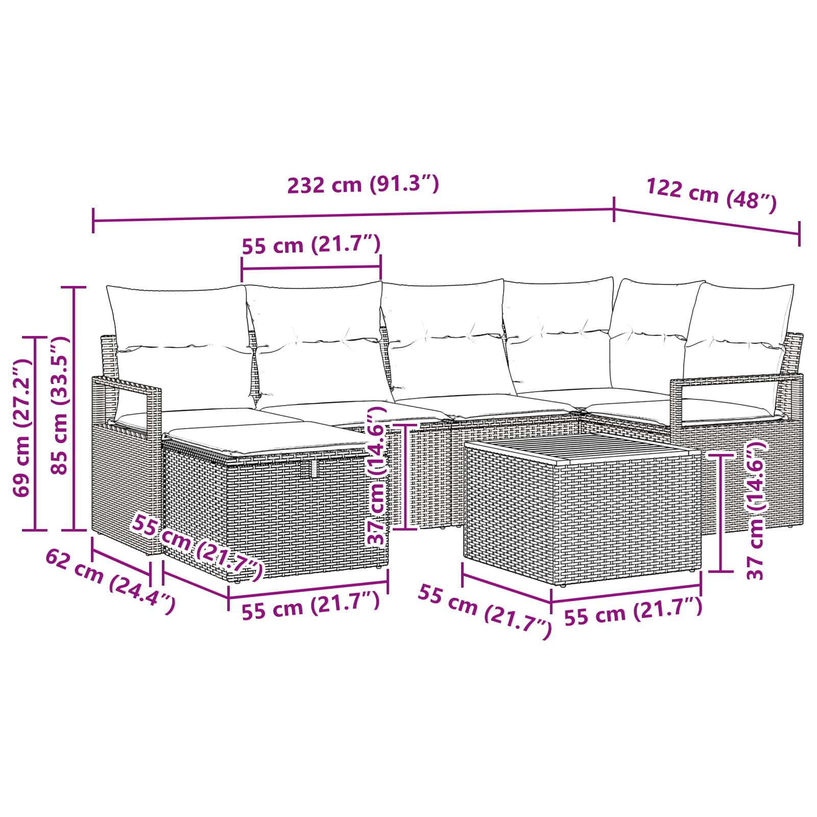 vidaXL Tuinbankenset met kussen met opslag 7 pcs Grijs poly rattan