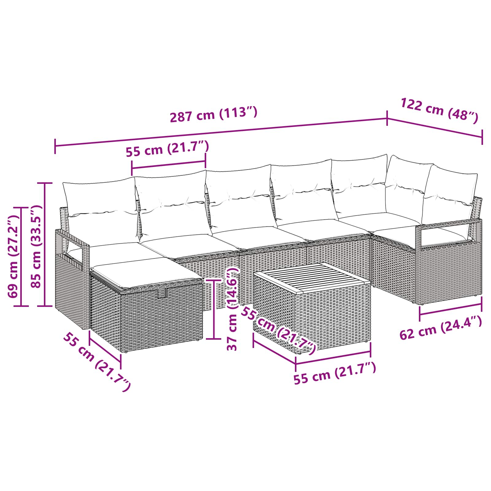 vidaXL Tuinbankenset met kussen met opslag 8 pcs Grijs poly rattan