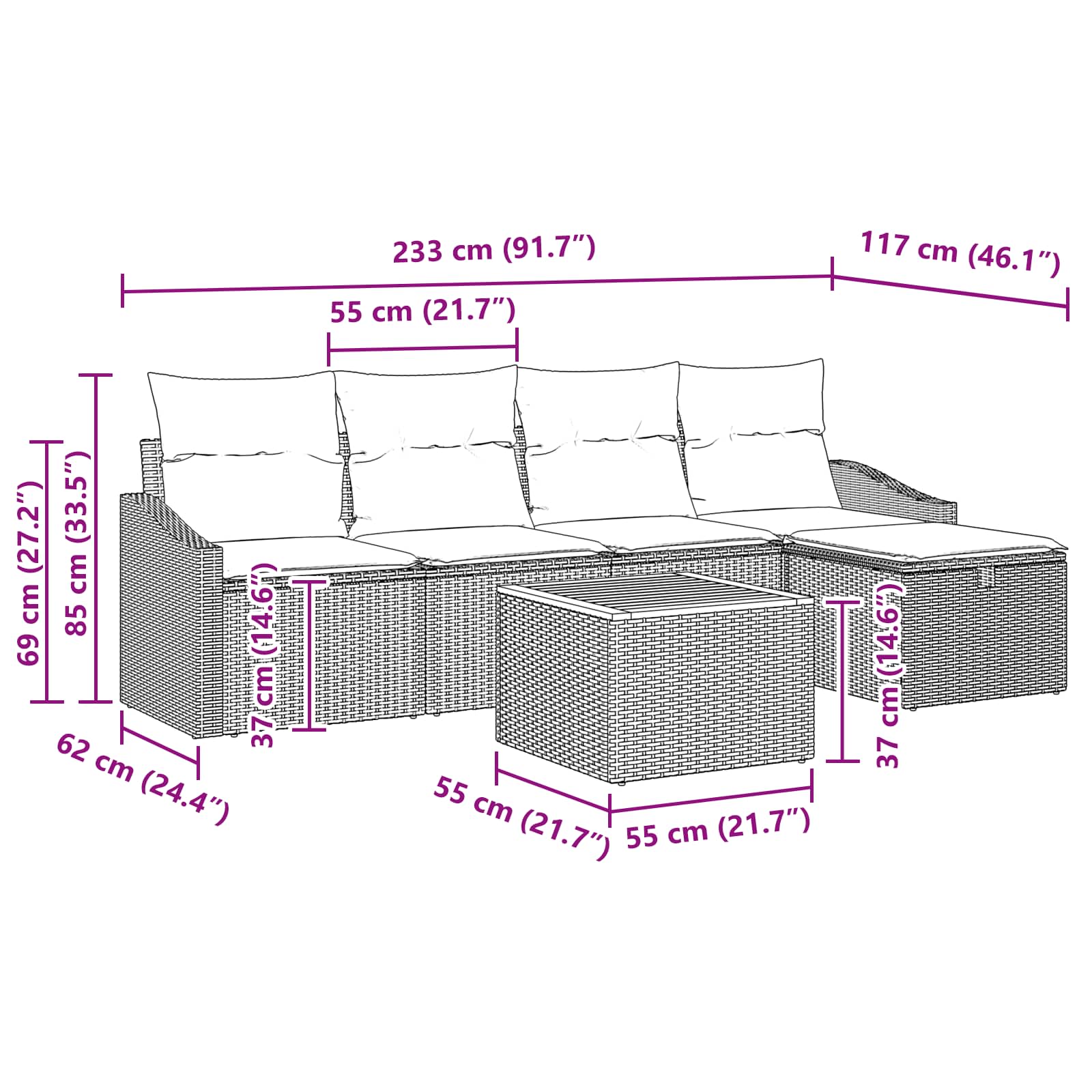 vidaXL Tuinbankenset met kussen met opslag 6 pcs Zwart poly rattan