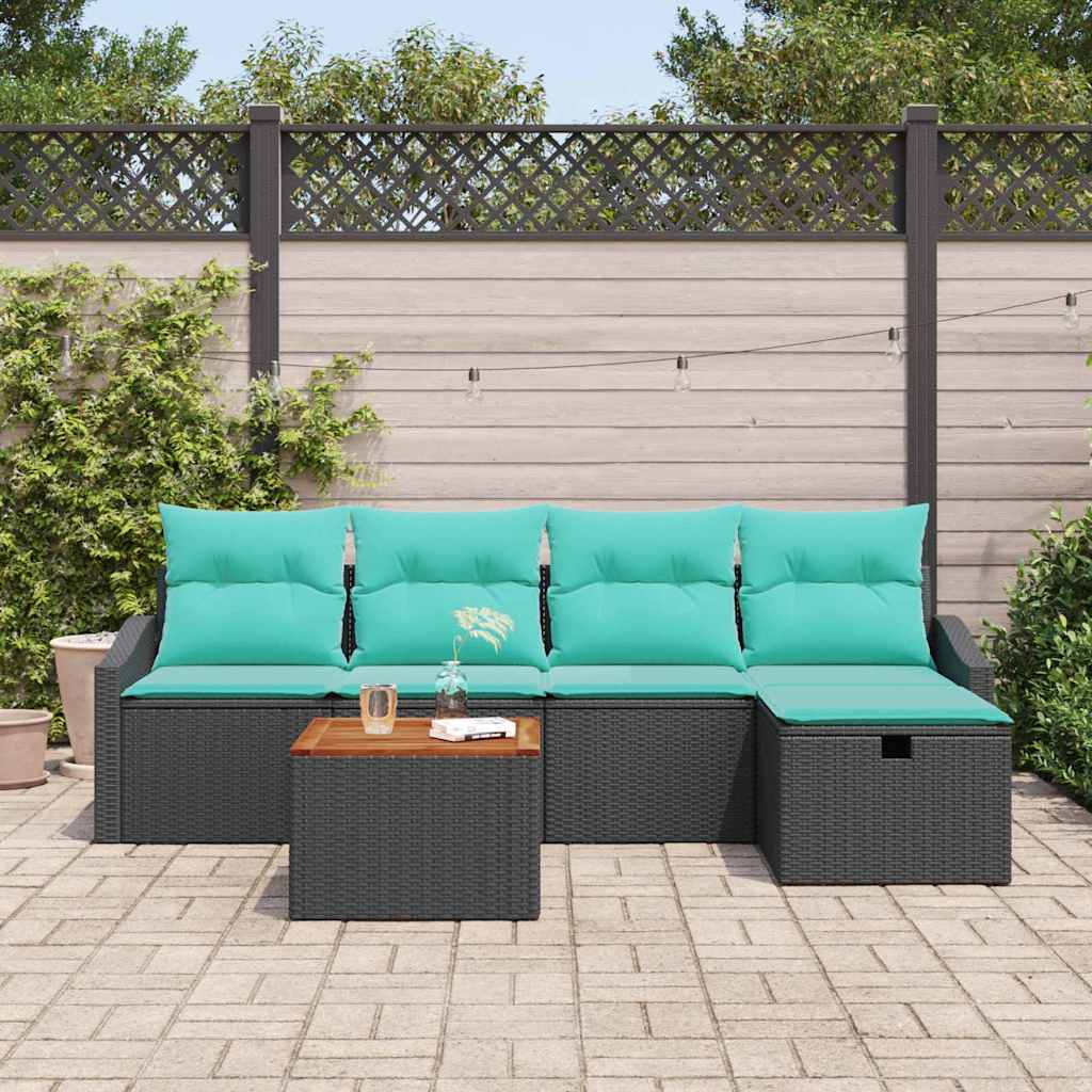 vidaXL Tuinbankenset met kussen met opslag 6 pcs Zwart poly rattan