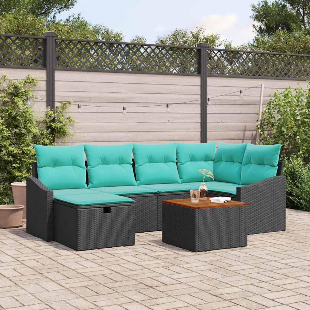 vidaXL Tuinbankenset met kussen met opslag 7 pcs Zwart poly rattan