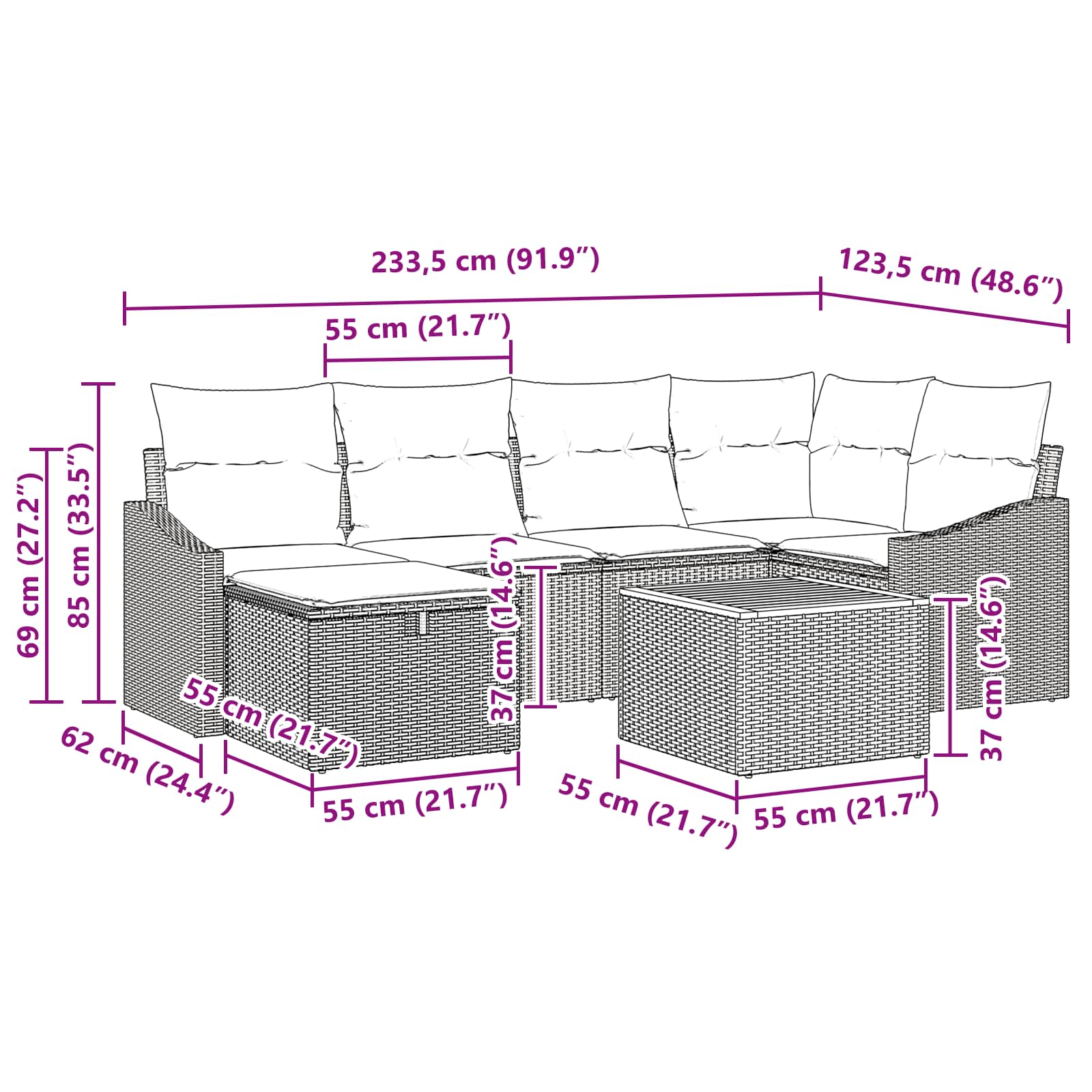 vidaXL Tuinbankenset met kussen met opslag 7 pcs Zwart poly rattan