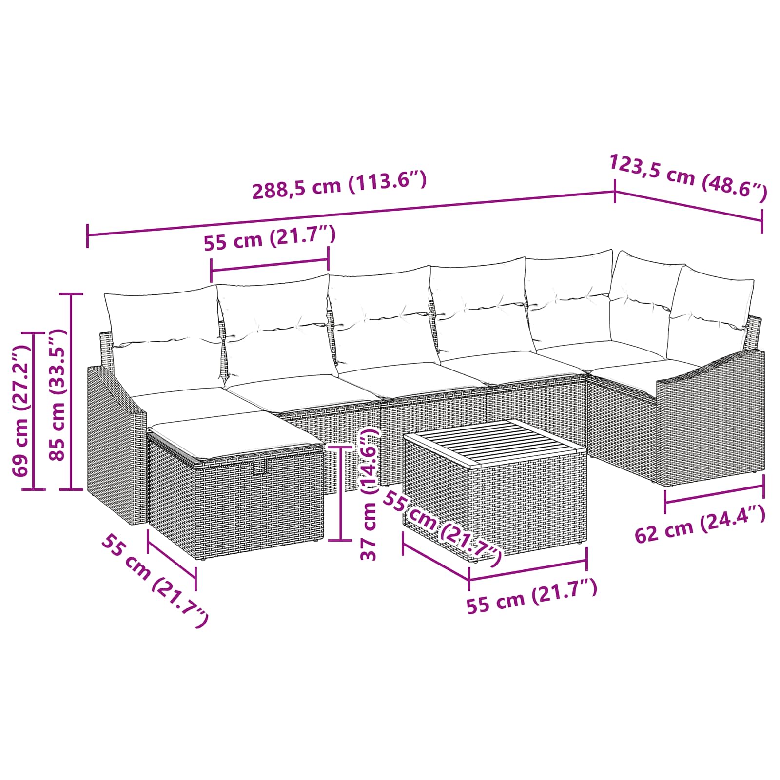 vidaXL Tuinbankenset met kussen met opslag 8 pcs Zwart poly rattan