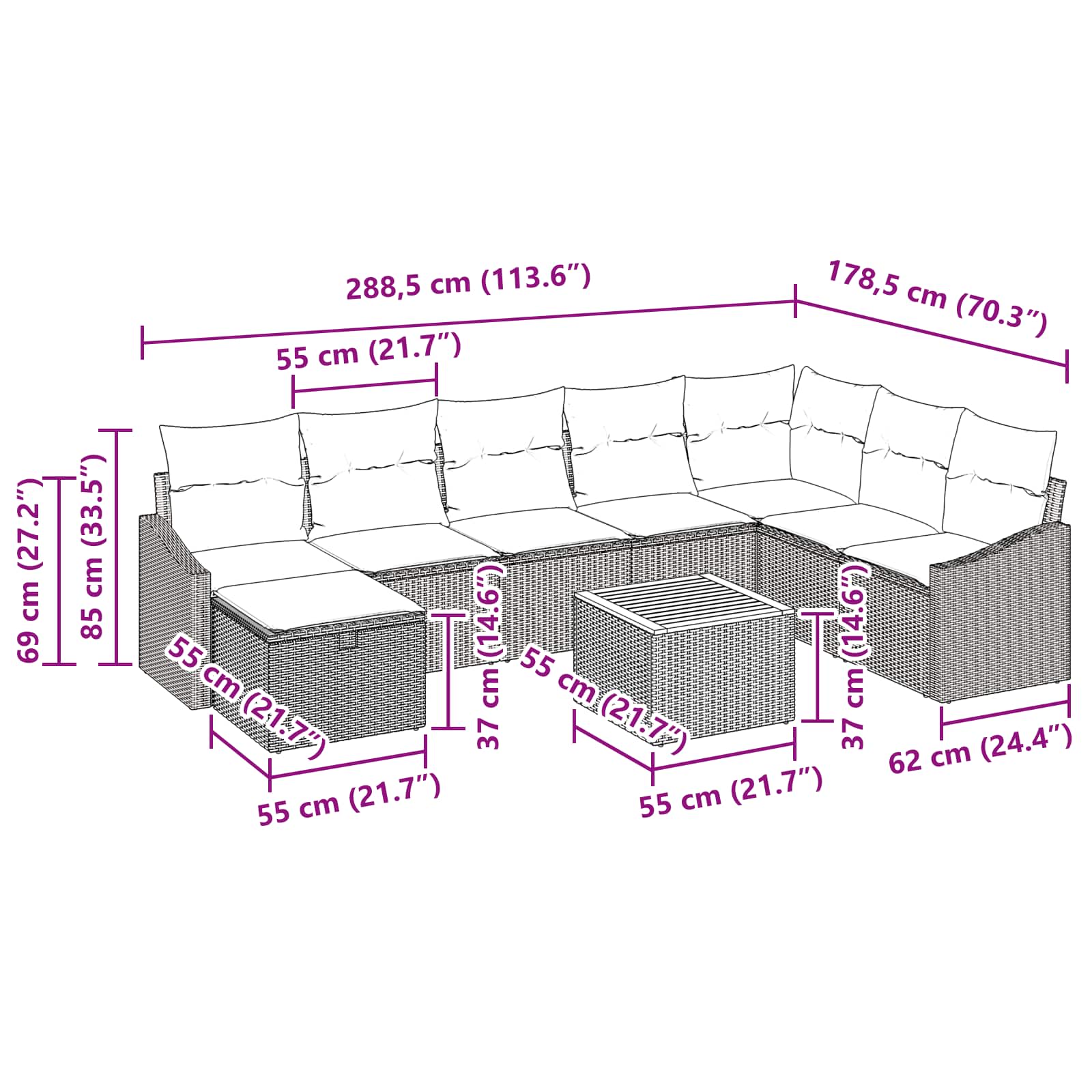 vidaXL Tuinbankenset met kussen met opslag 9 pcs Zwart poly rattan