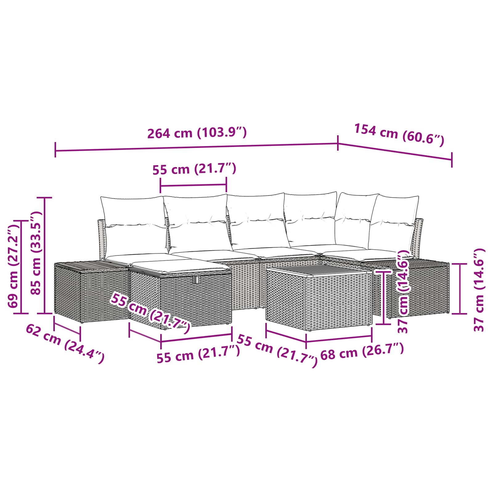 vidaXL Tuinbankenset met kussen met opslag 7 pcs Zwart poly rattan