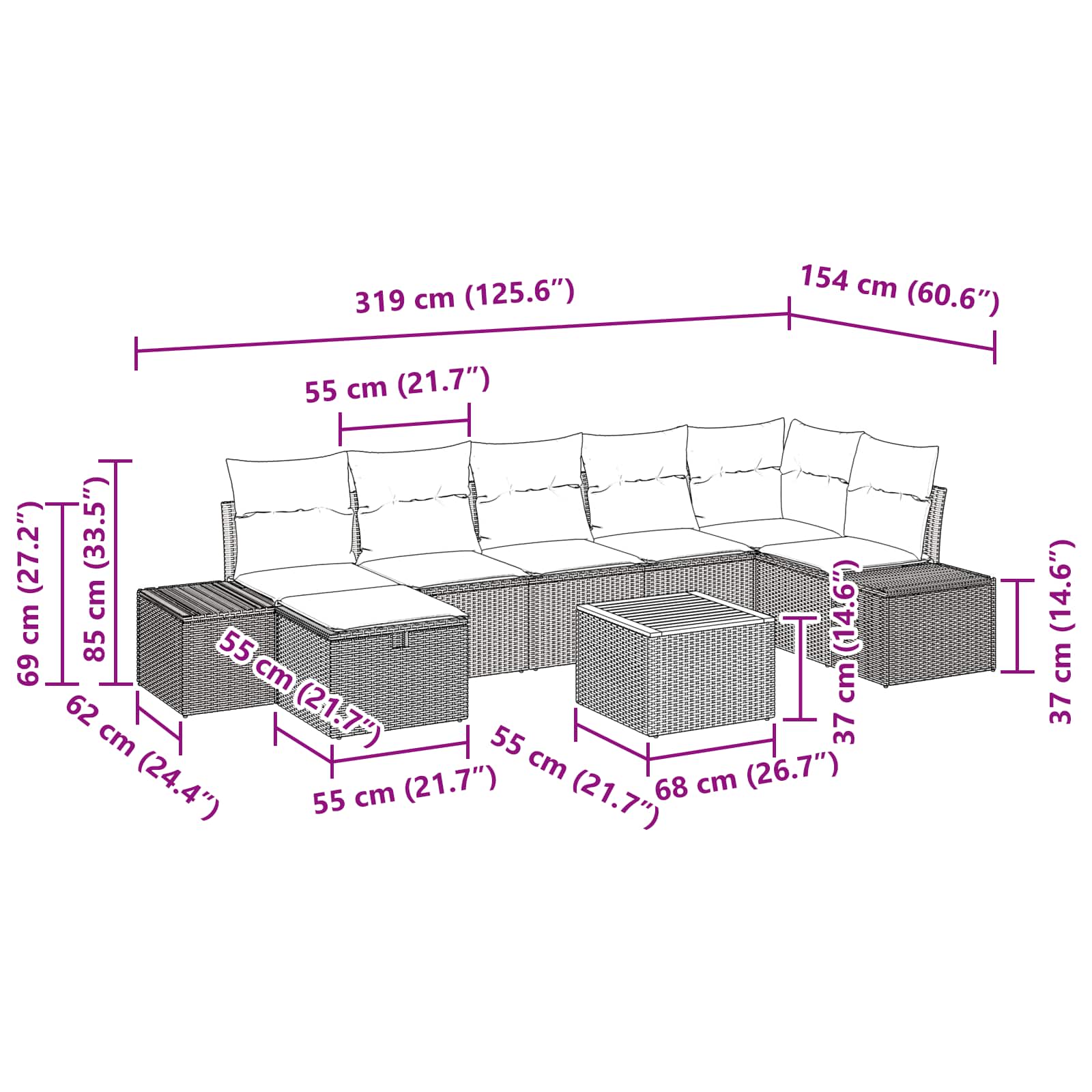 vidaXL Tuinbankenset met kussen met opslag 8 pcs Zwart poly rattan