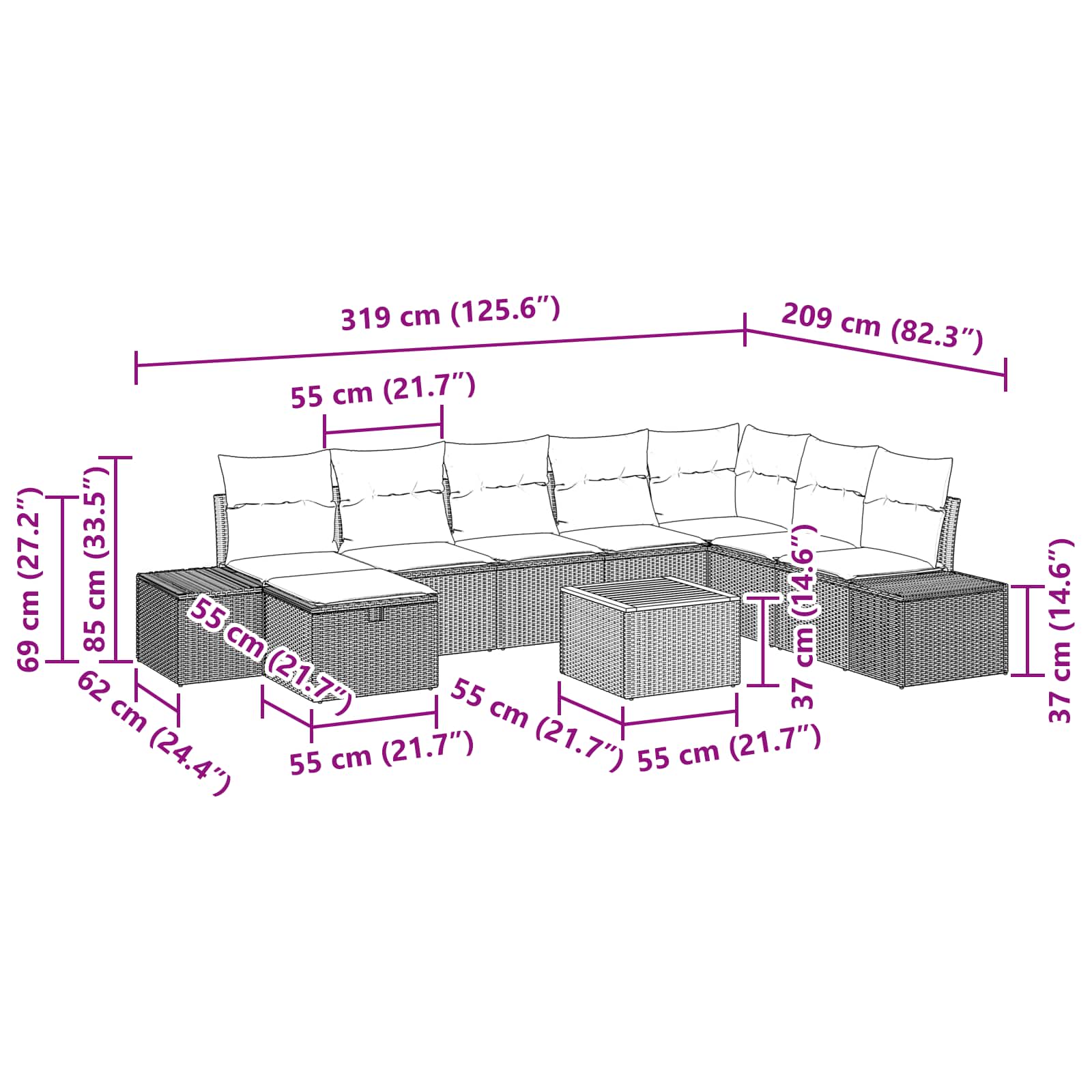 vidaXL Tuin Sofa Set met kussen met opslag 9 pcs Zwart Poly riet