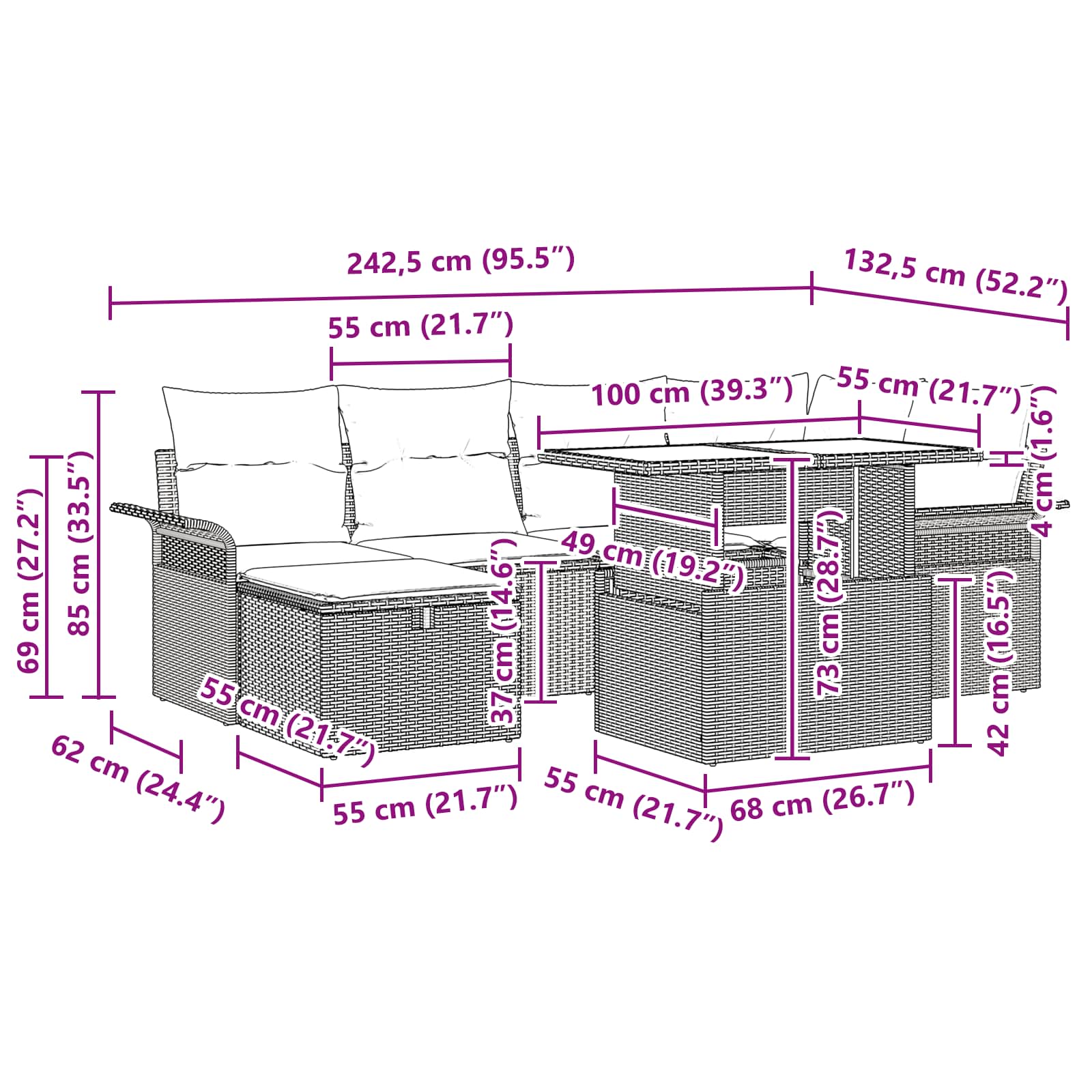 vidaXL Tuin Sofa Set met kussen met opslag 7 pcs Zwart Poly riet