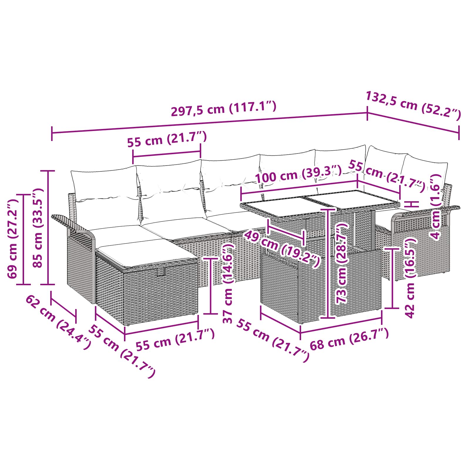 vidaXL Tuin Sofa Set met kussen met opslag 8 pcs Zwart Poly riet