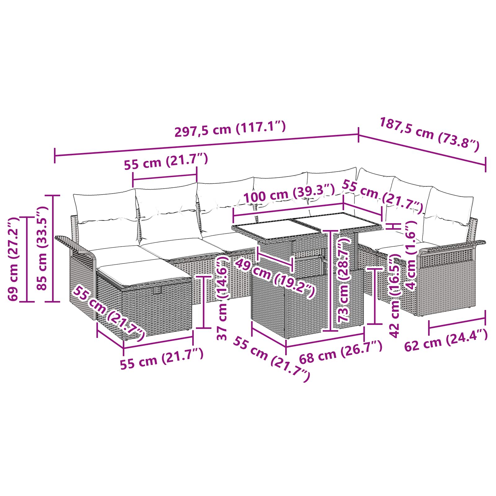 vidaXL Tuin Sofa Set met kussen met opslag 9 pcs Zwart Poly riet