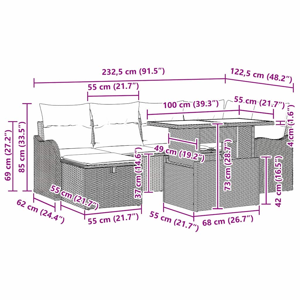 vidaXL Tuin Sofa Set met kussen met opslag 7 pcs Bruin Poly riet