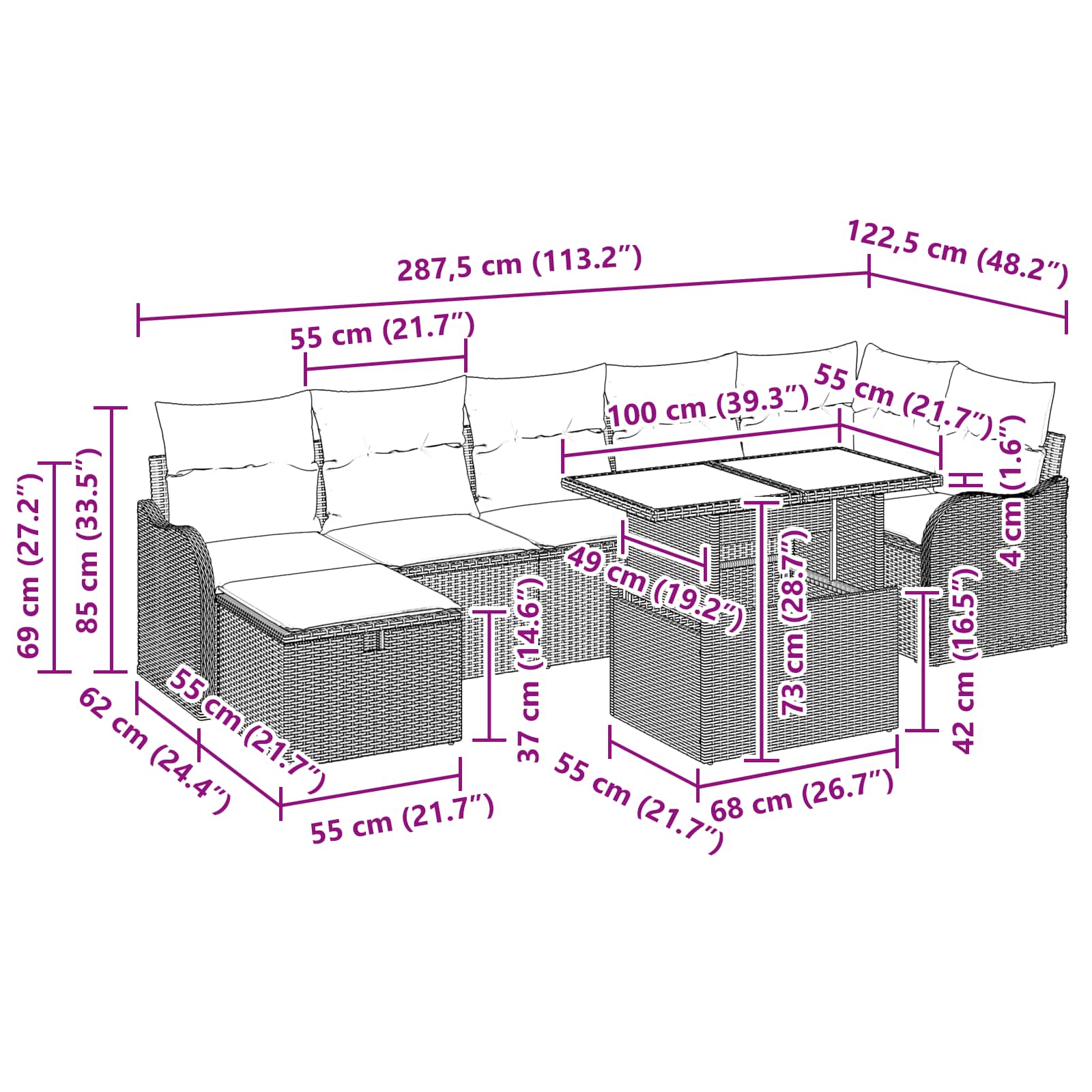 vidaXL Tuin Sofa Set met kussen met opslag 8 pcs Bruin Poly riet