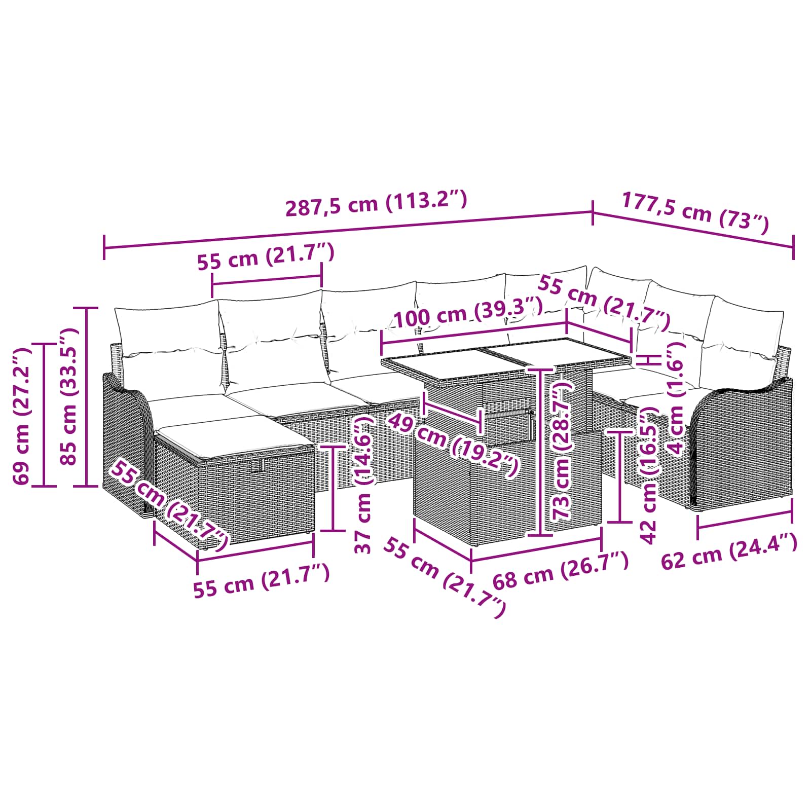 vidaXL Tuin Sofa Set met kussen met opslag 9 pcs Bruin Poly riet