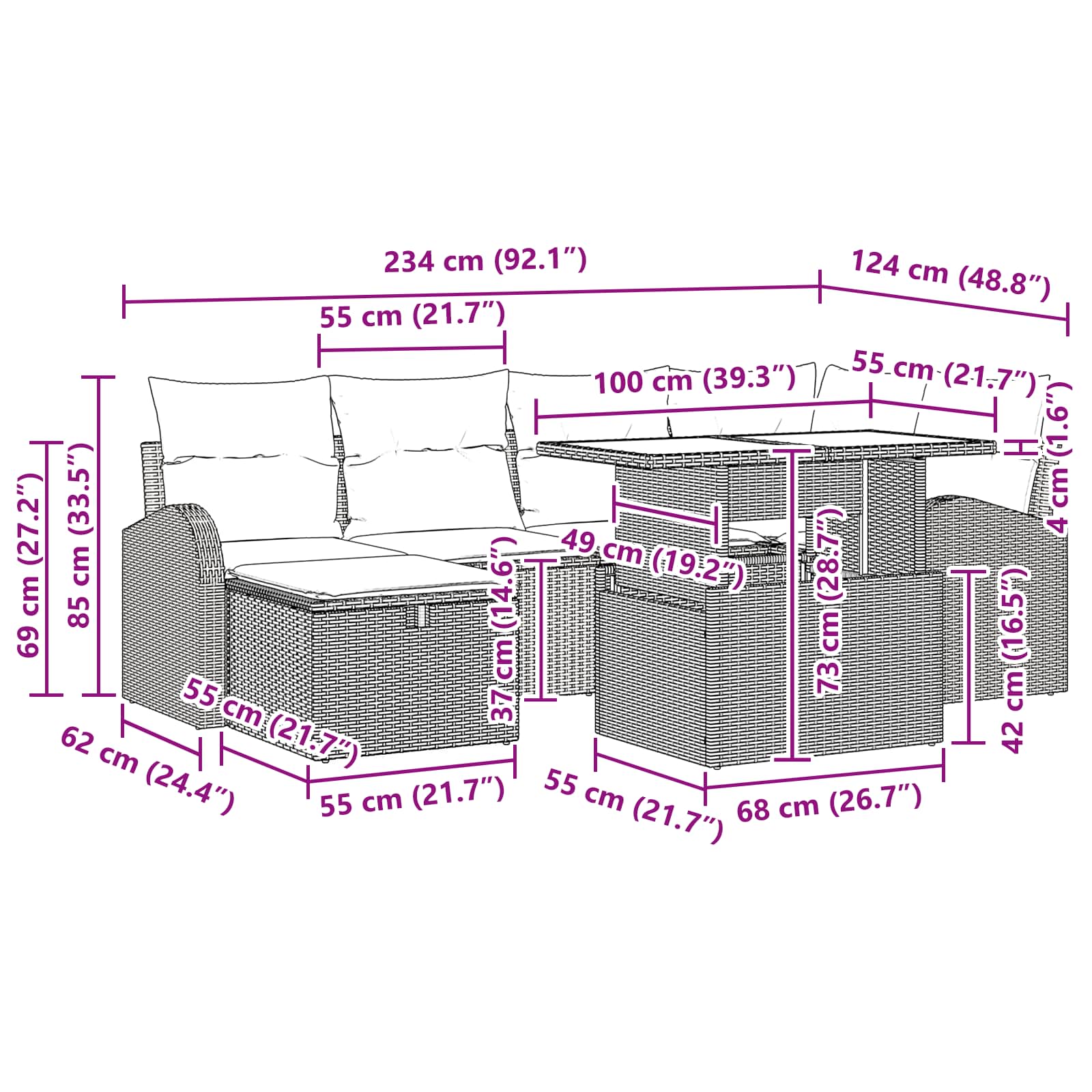 vidaXL Tuin Sofa Set met kussen met opslag 7 pcs Bruin Poly riet