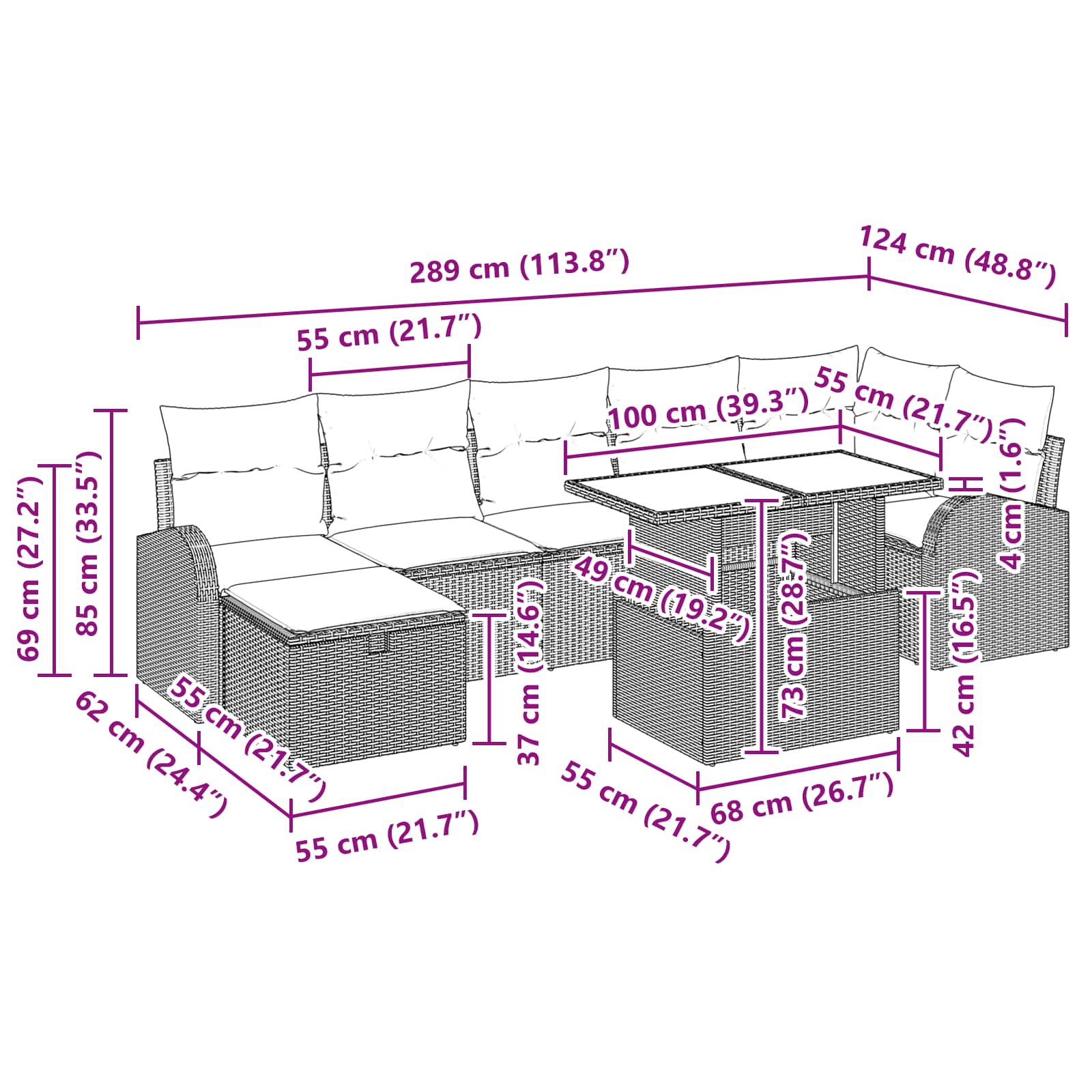 vidaXL Tuin Sofa Set met kussen met opslag 8 pcs Bruin Poly riet