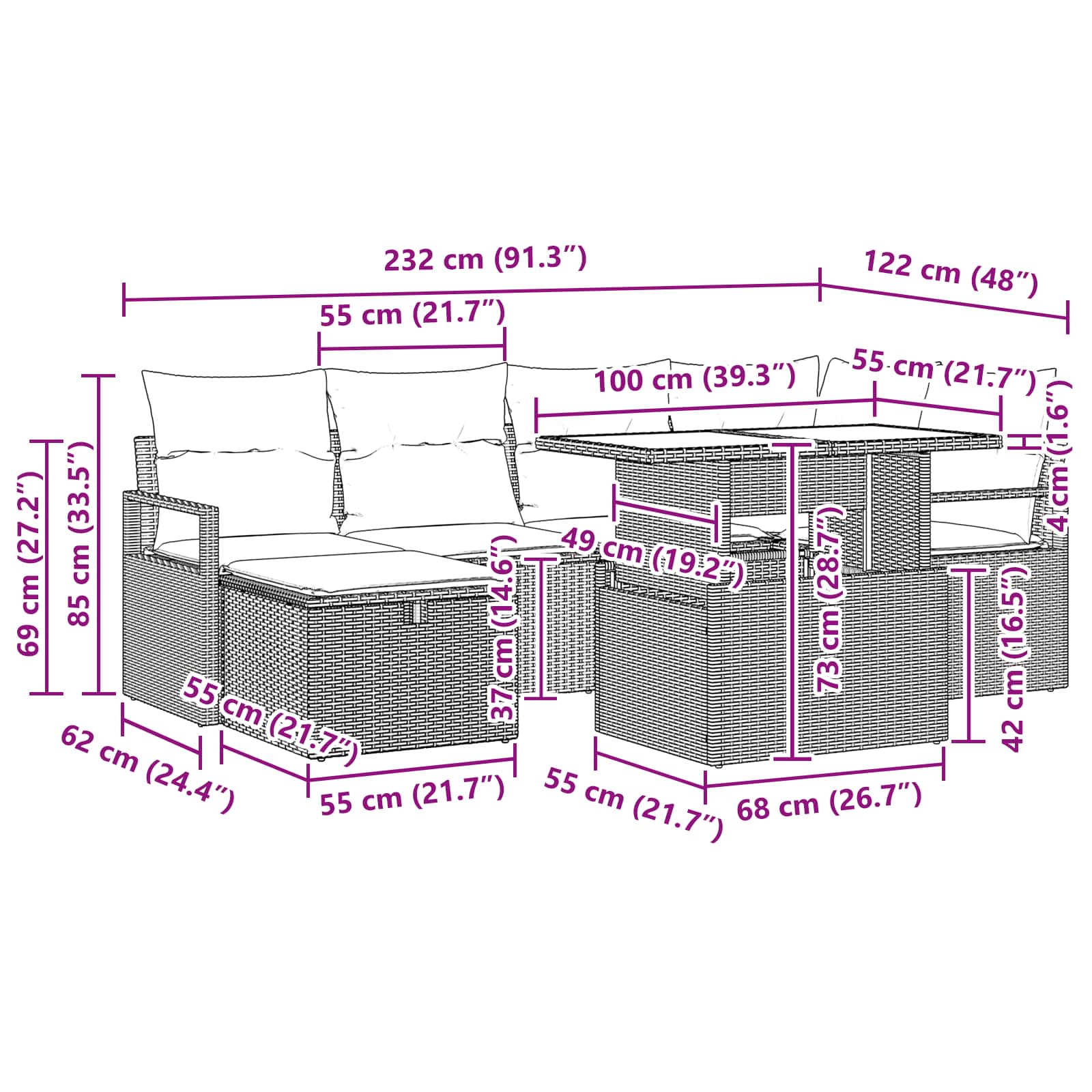 vidaXL Tuin Sofa Set met kussen met opslag 7 pcs Bruin Poly riet