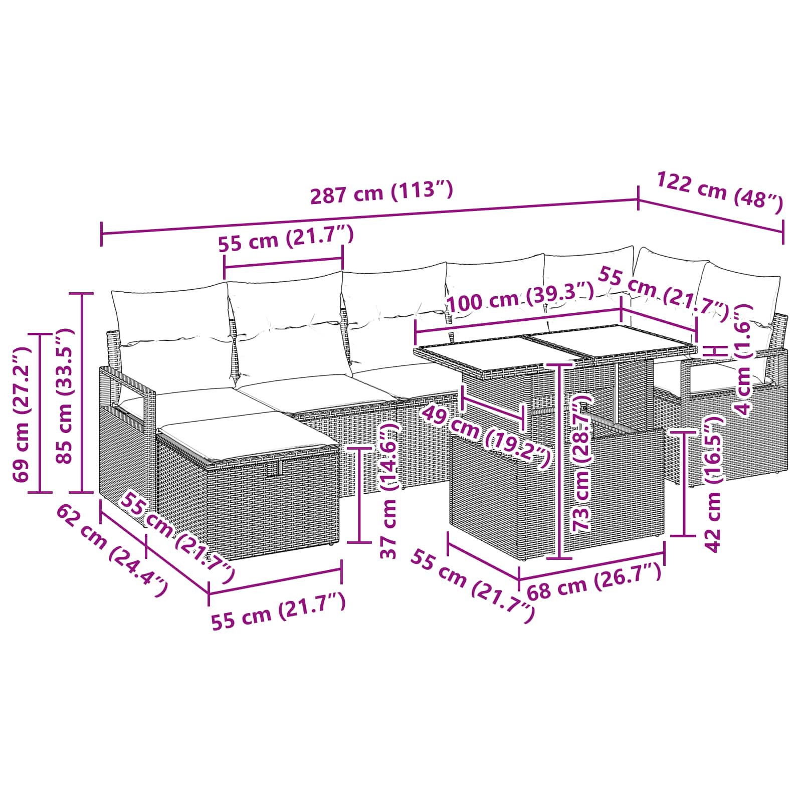 vidaXL Tuin Sofa Set met kussen met opslag 8 pcs Bruin Poly riet