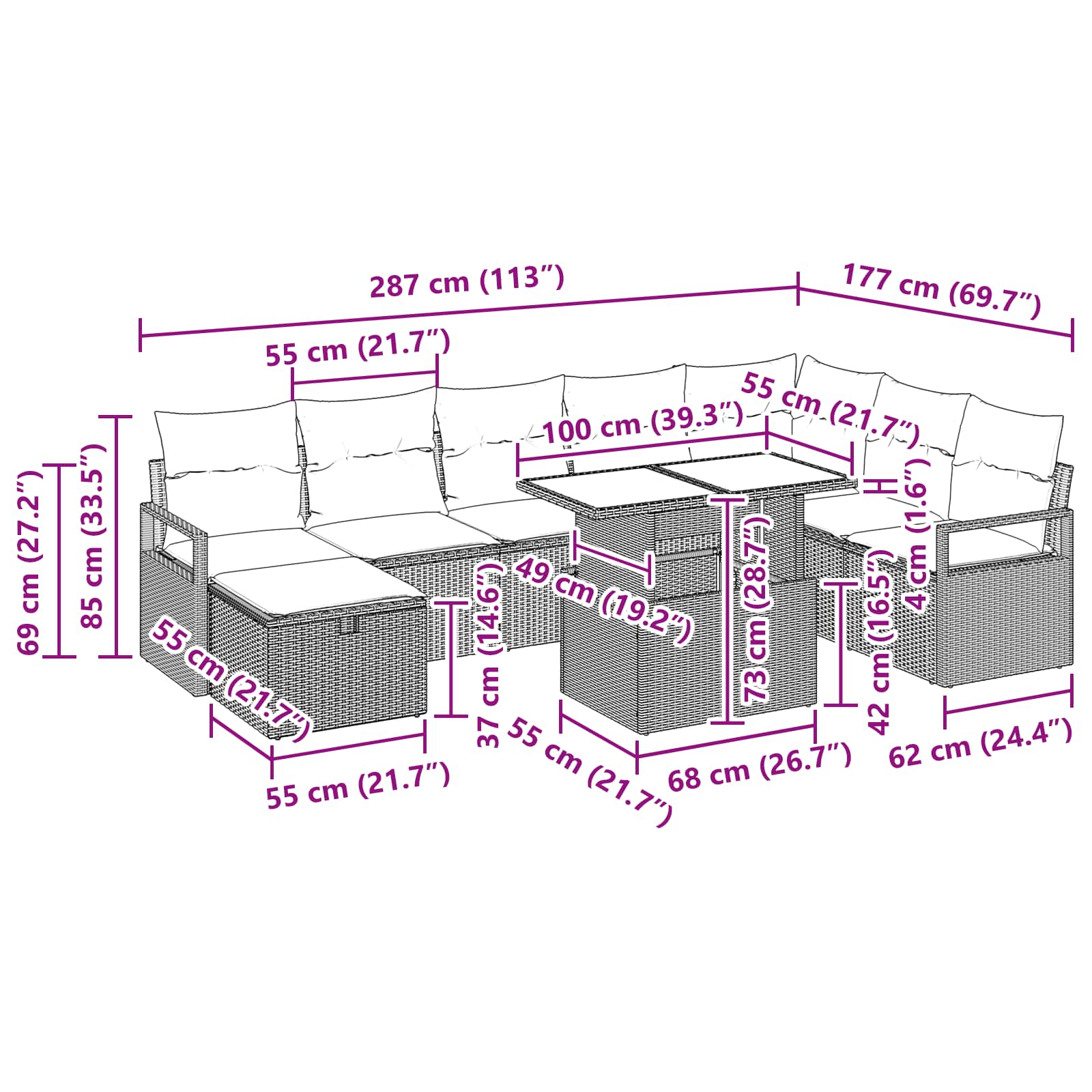 vidaXL Tuin Sofa Set met kussen met opslag 9 pcs poly rattan