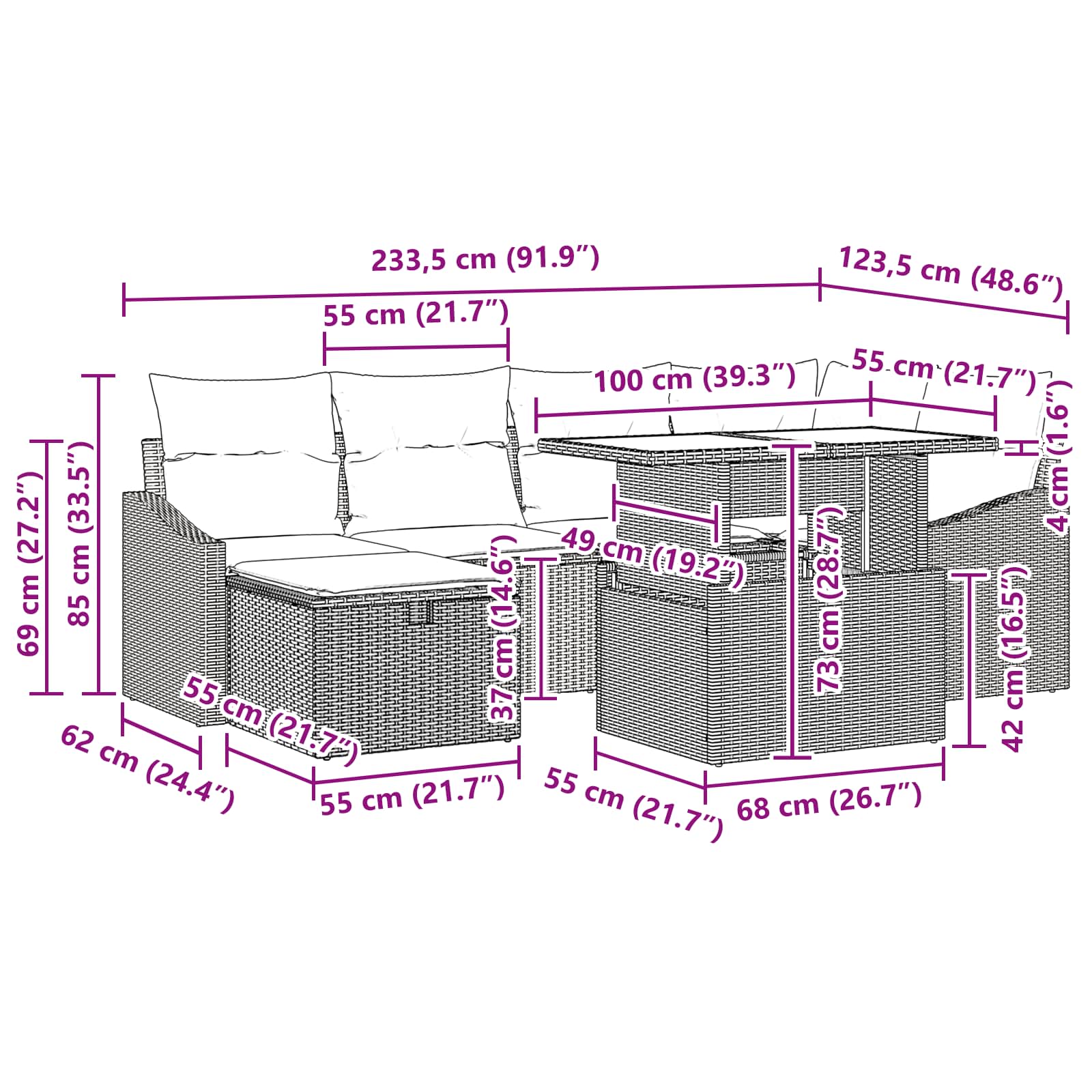vidaXL Tuin Sofa Set met kussen met opslag 7 pcs Zwart Poly riet