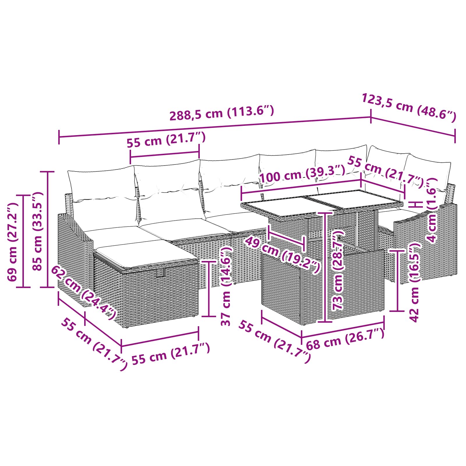 vidaXL Tuin Sofa Set met kussen met opslag 8 pcs Zwart Poly riet