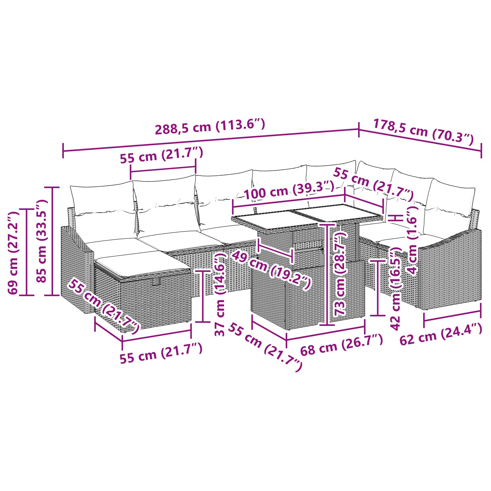 vidaXL Tuin Sofa Set met kussen met opslag 9 pcs Zwart Poly riet
