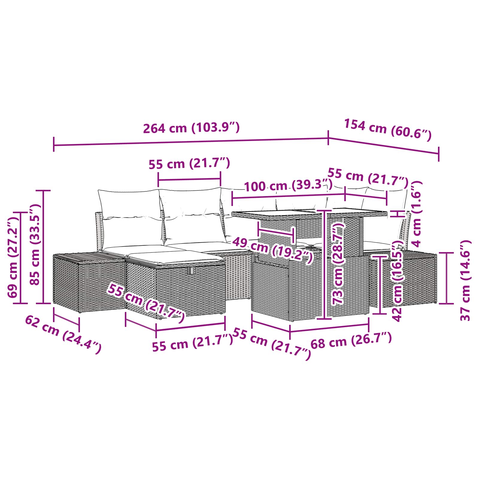 vidaXL Tuin Sofa Set met kussen met opslag 7 pcs poly rattan