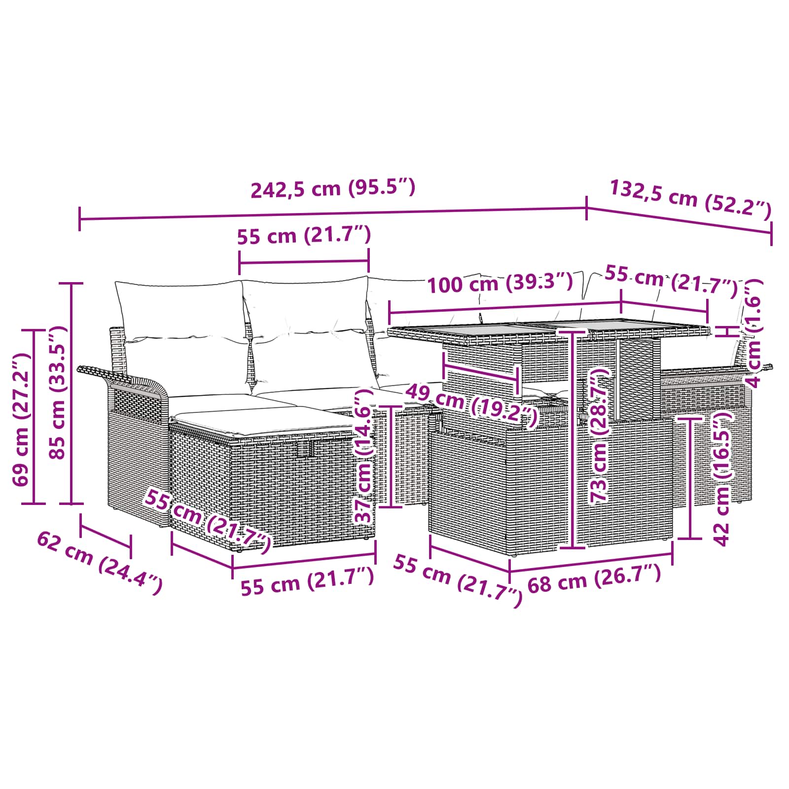 vidaXL Tuinbankenset met kussen met opslag 7 pcs Zwart poly rattan