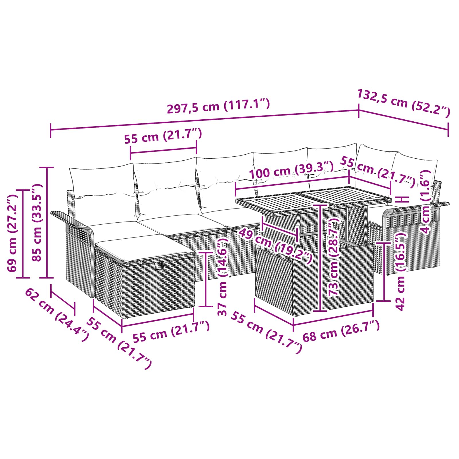 vidaXL Tuinbankenset met kussen met opslag 8 pcs Zwart poly rattan