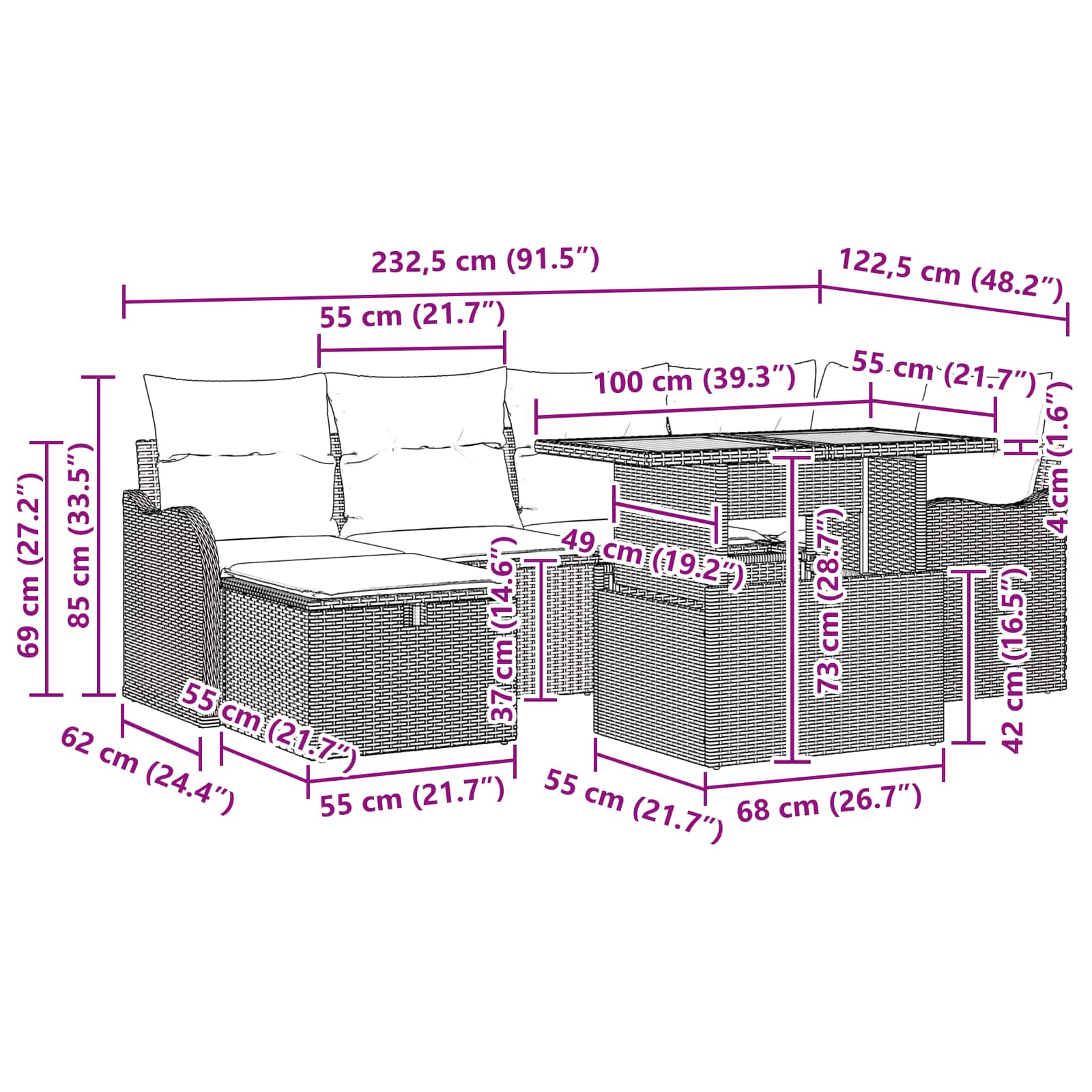 vidaXL Tuinbankenset 7 st Grijs poly rattan
