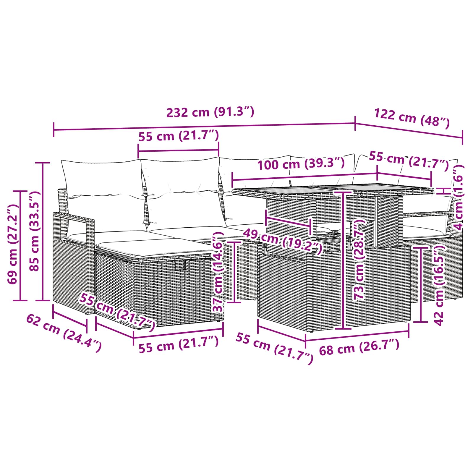 vidaXL Tuinbankenset met kussen met opslag 7 pcs Grijs poly rattan