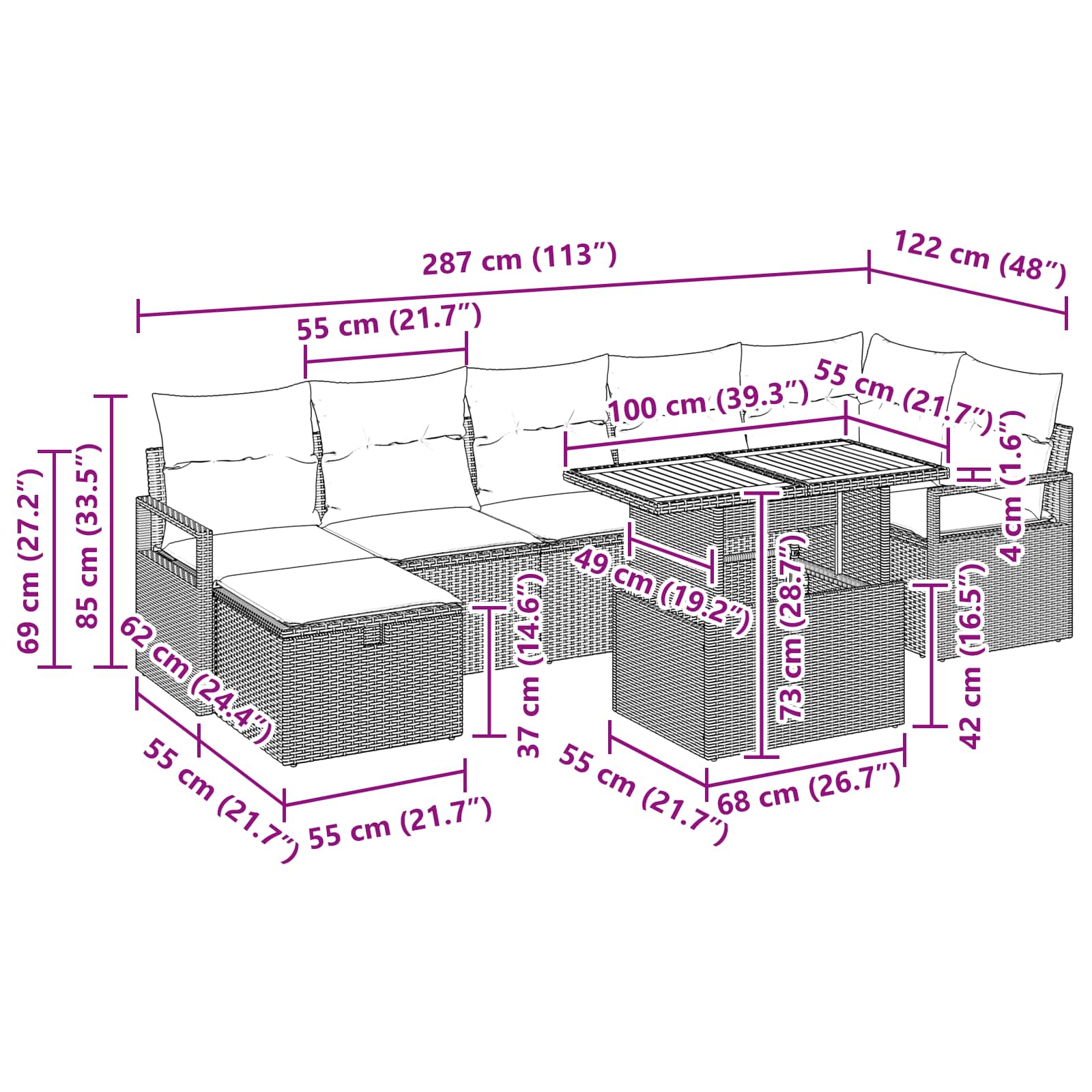 vidaXL Tuinbankenset met kussen met opslag 8 pcs Grijs poly rattan