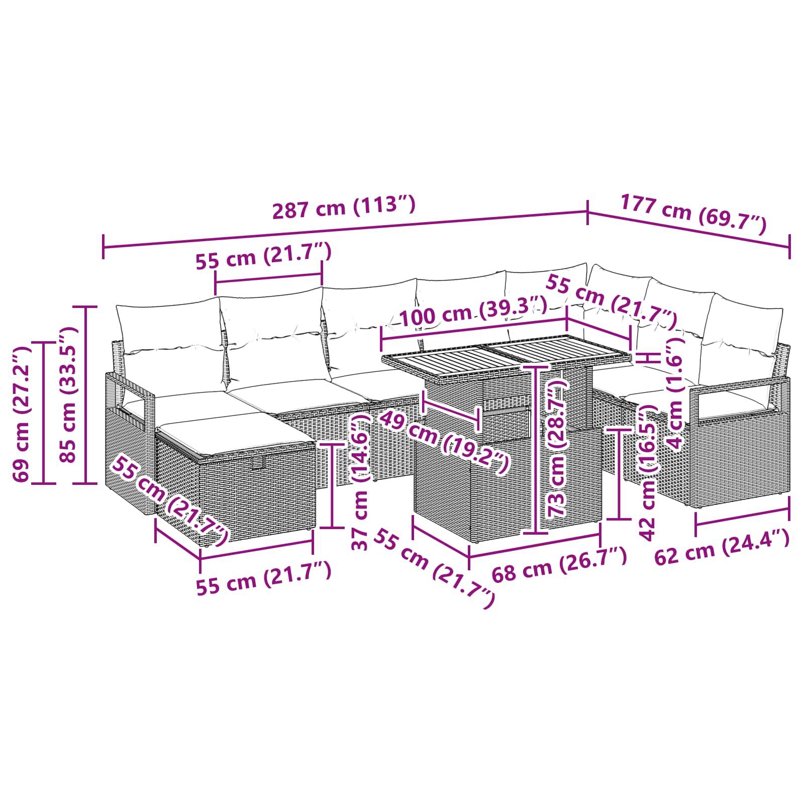 vidaXL Tuinbankenset met kussen met opslag 9 pcs Grijs poly rattan