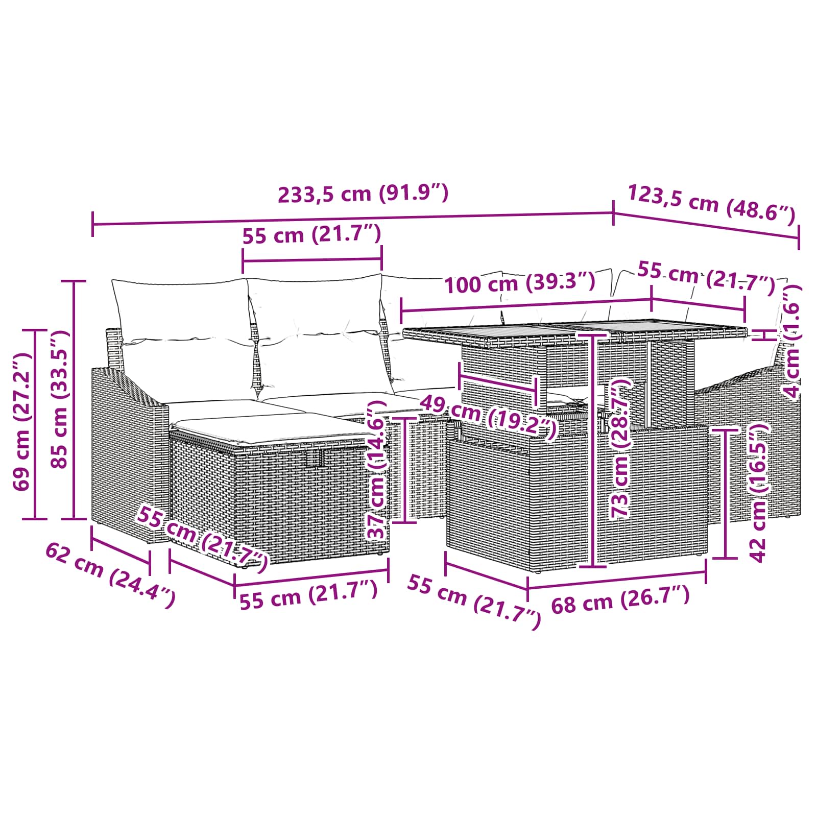 vidaXL Tuinbankenset met kussen met opslag 7 pcs Zwart poly rattan